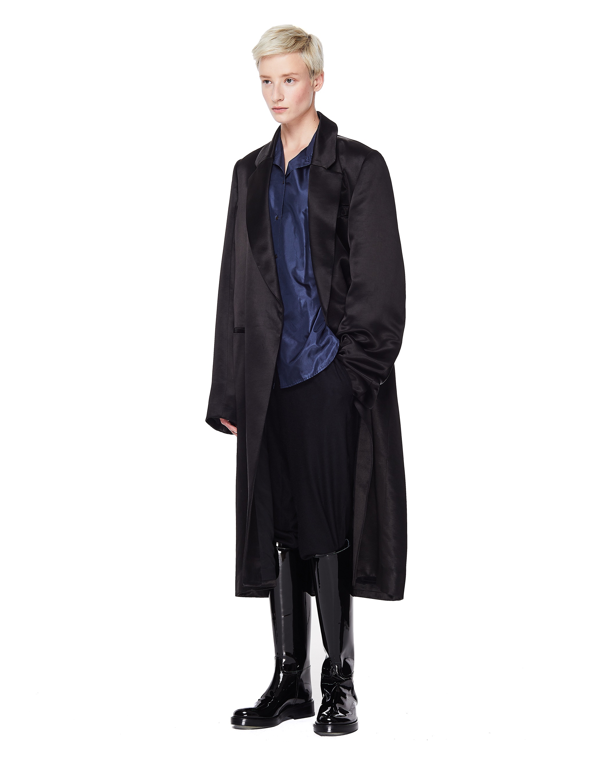 Черное сатиновое пальто - Ann Demeulemeester 1901-1136-201-099 Фото 4