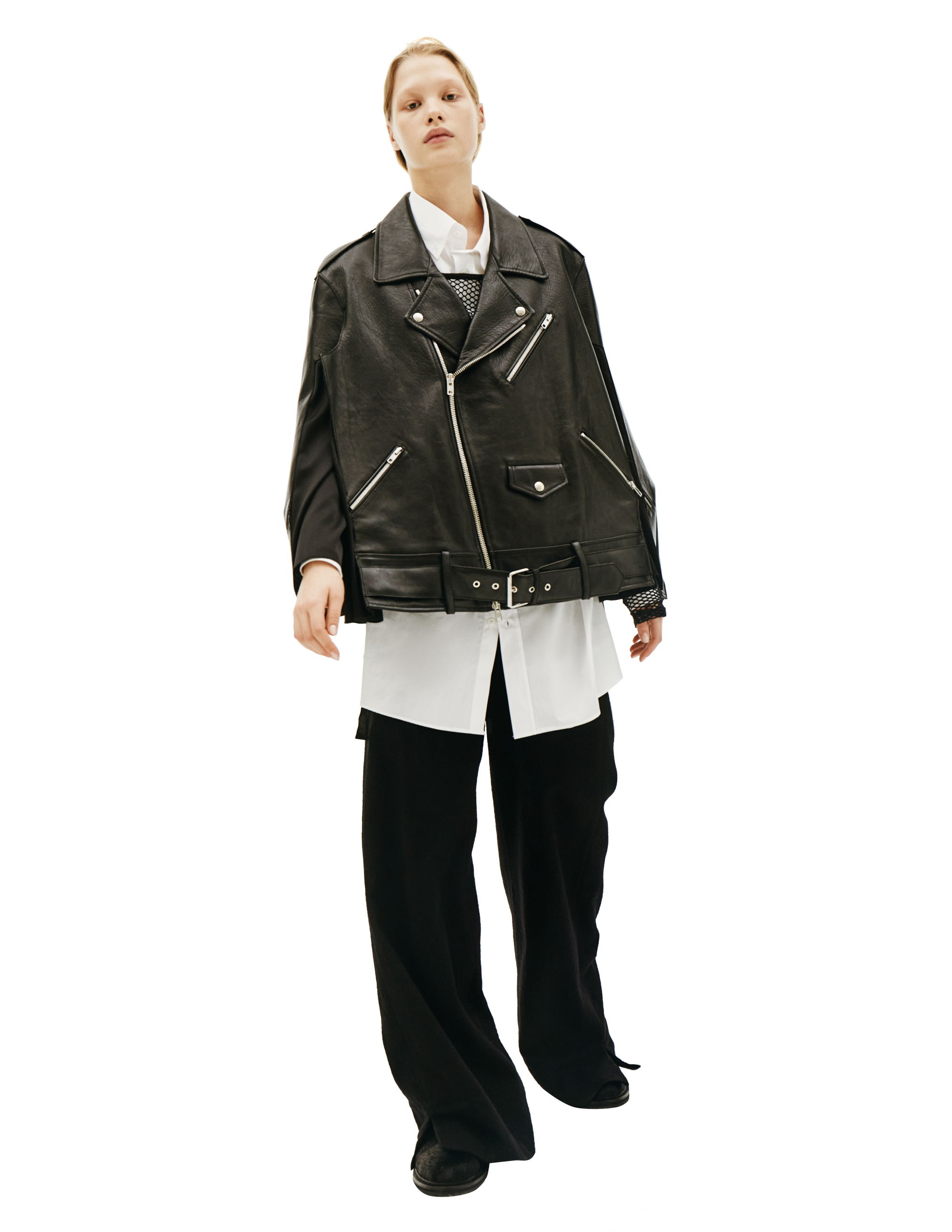 Черая кожаная куртка с ремнем - Maison Margiela S29AM0338/SY1397/900 Фото 8