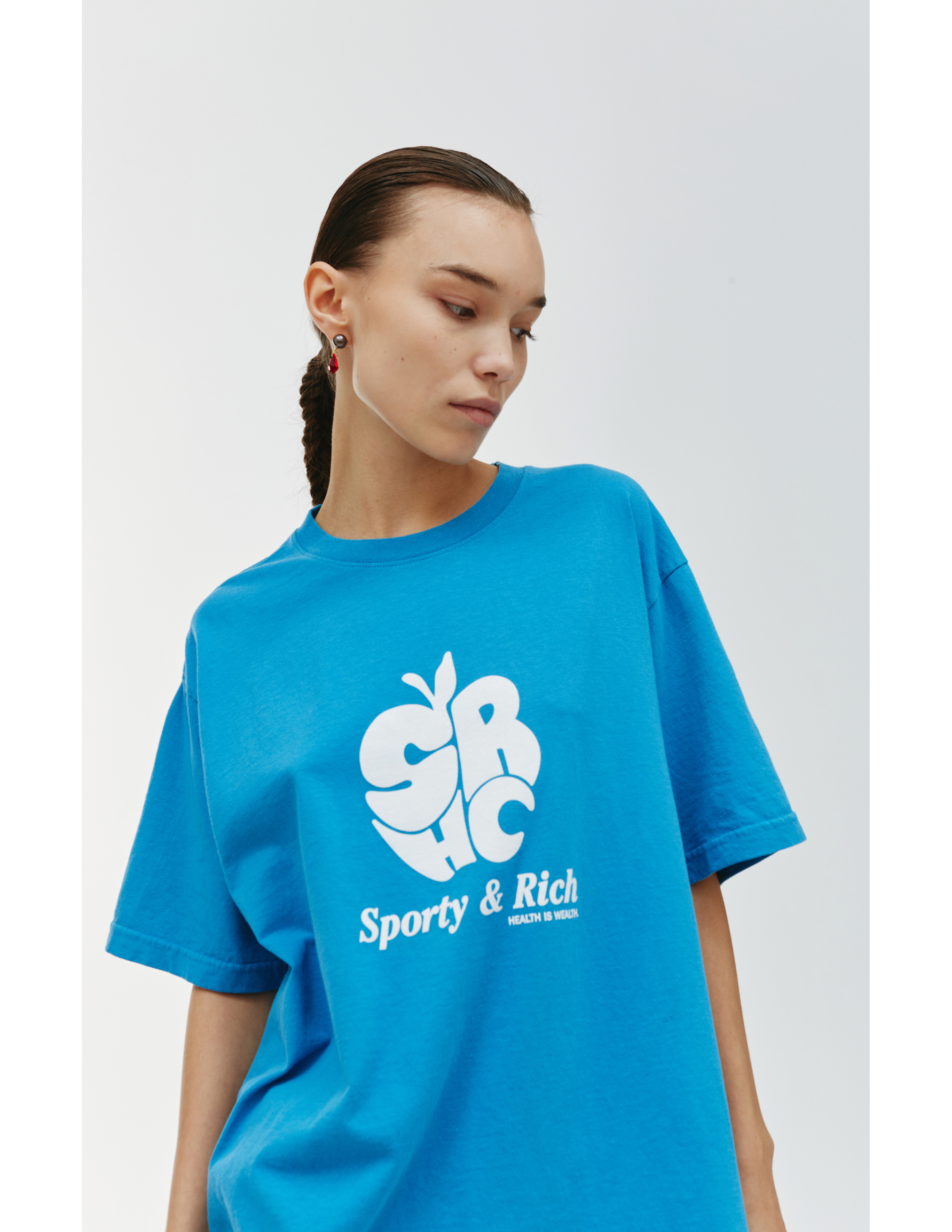Голубая футболка с принтом Apple SRHC SPORTY & RICH TS482OC, размер L;M;XL - фото 4