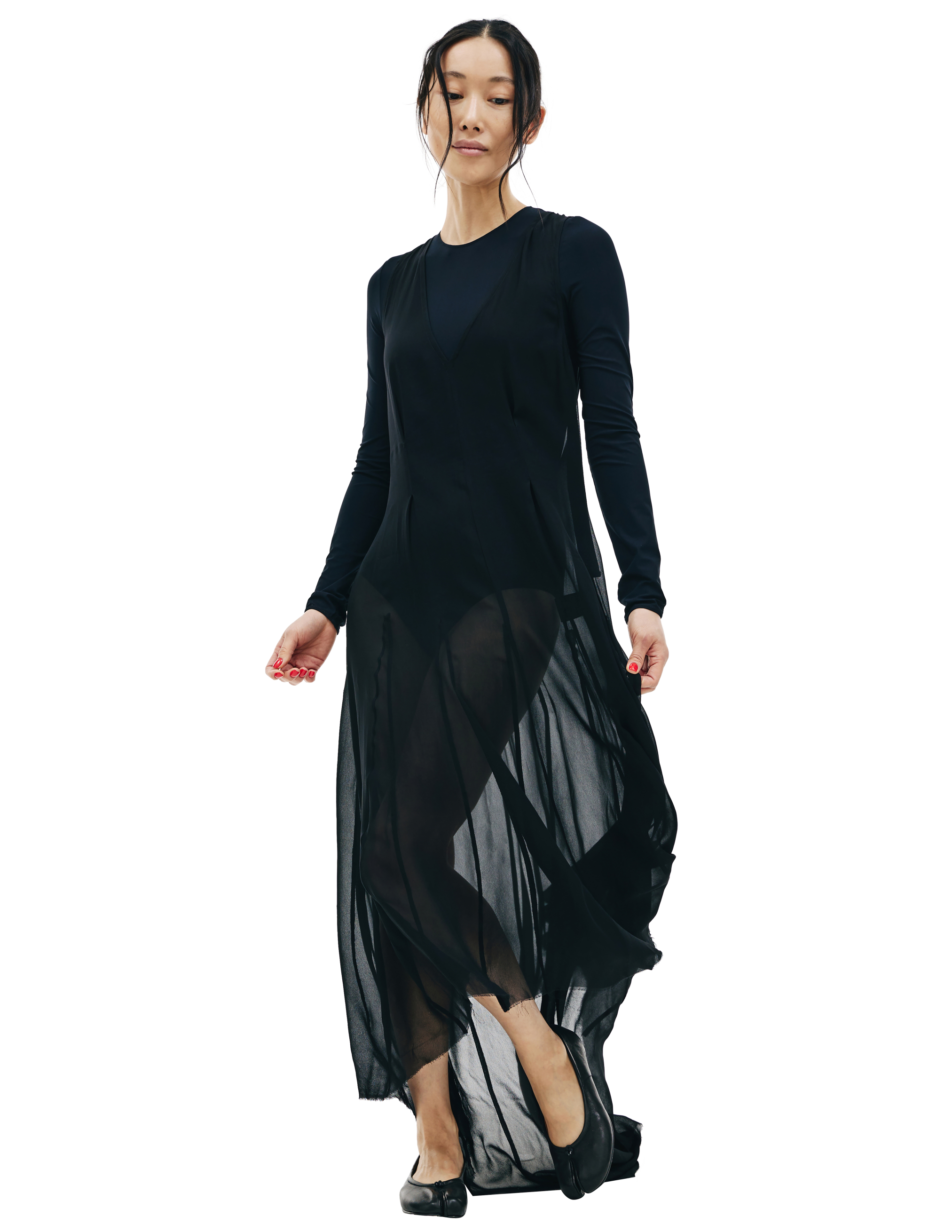 Черное полупрозрачное платье с удлиненной спинкой Ann Demeulemeester 2002-2260-140-099, размер 40;38 - фото 1