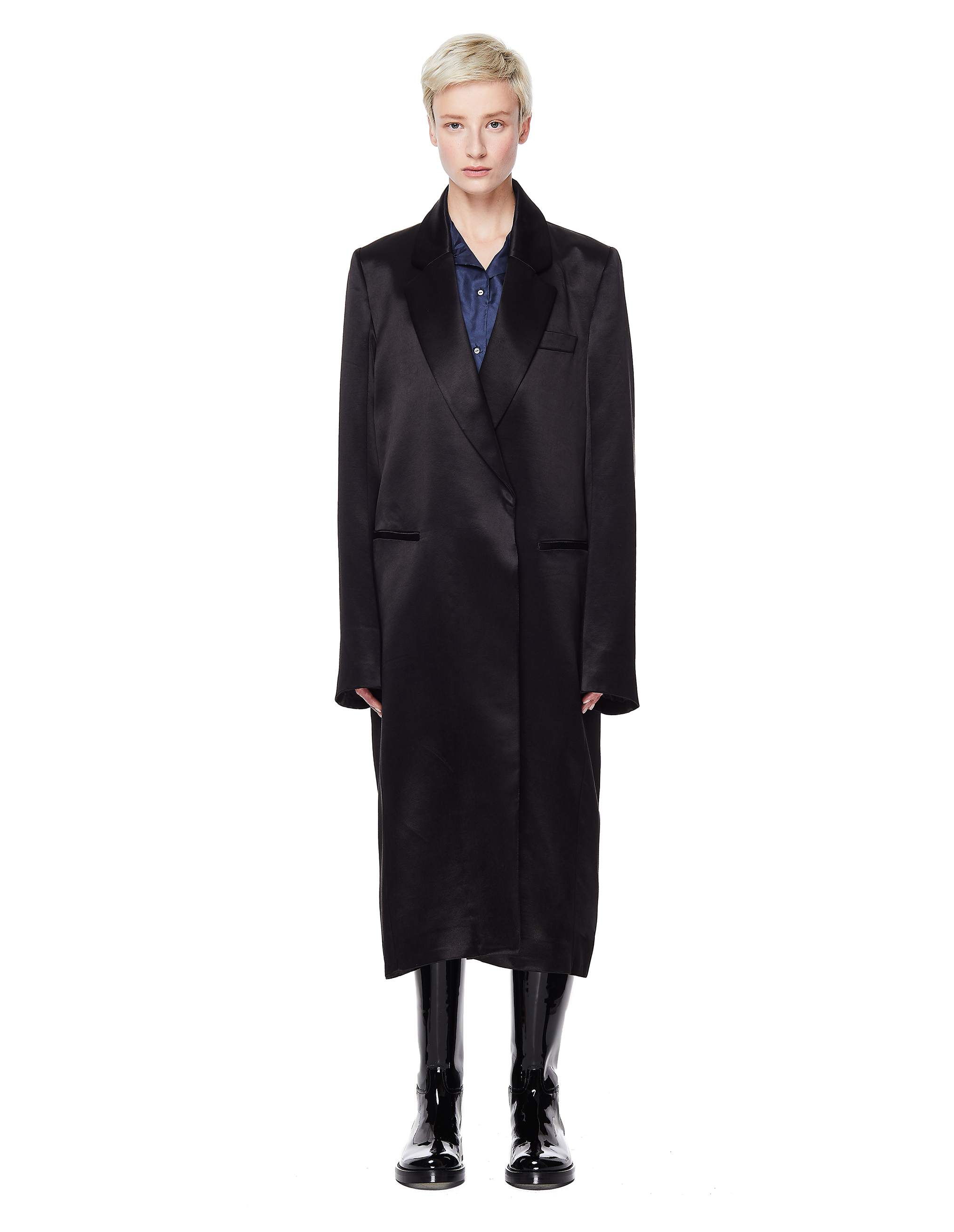 Черное сатиновое пальто Ann Demeulemeester 1901-1136-201-099, размер 38;40