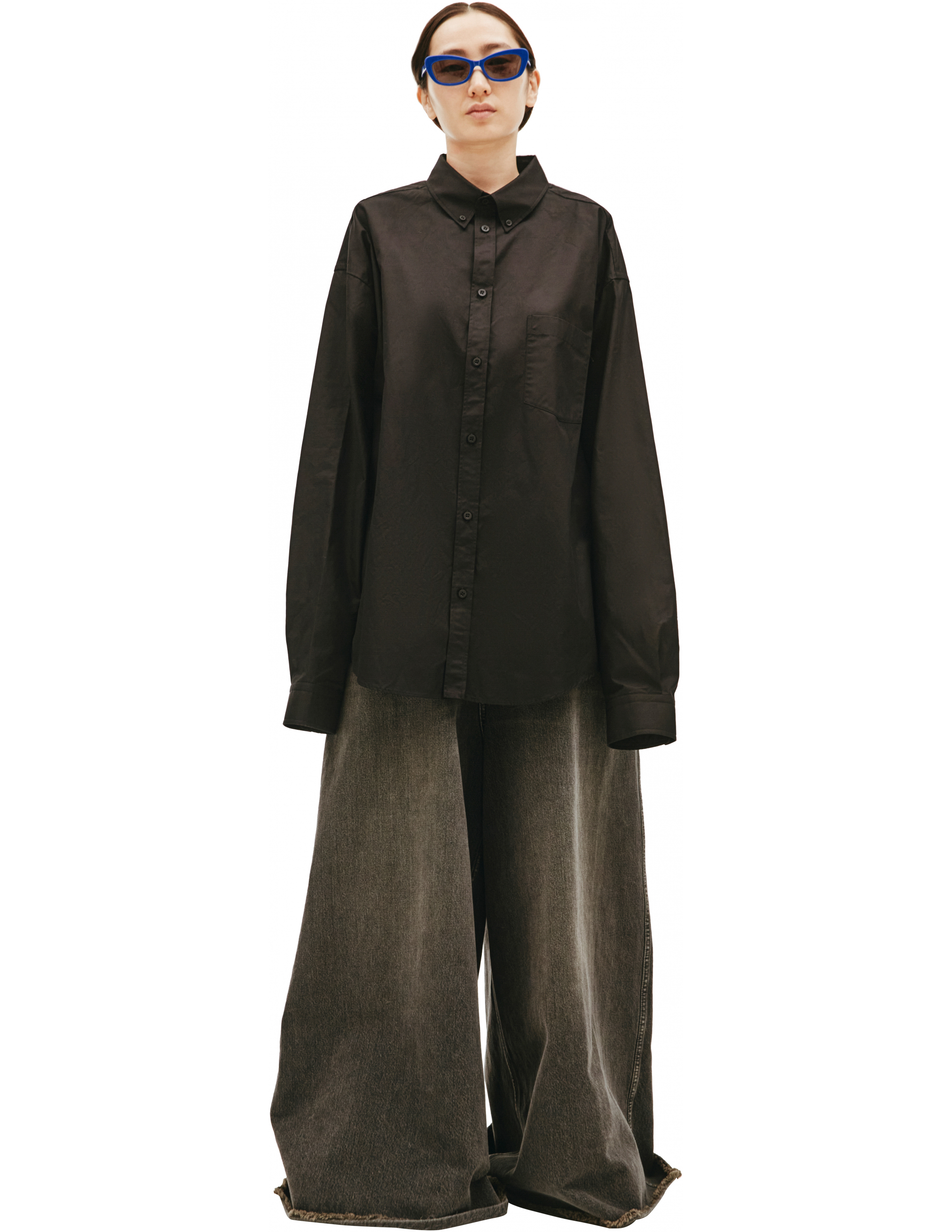 Черная рубашка с принтом FREE Balenciaga 663129/TYB18/1000, размер 43;42;41