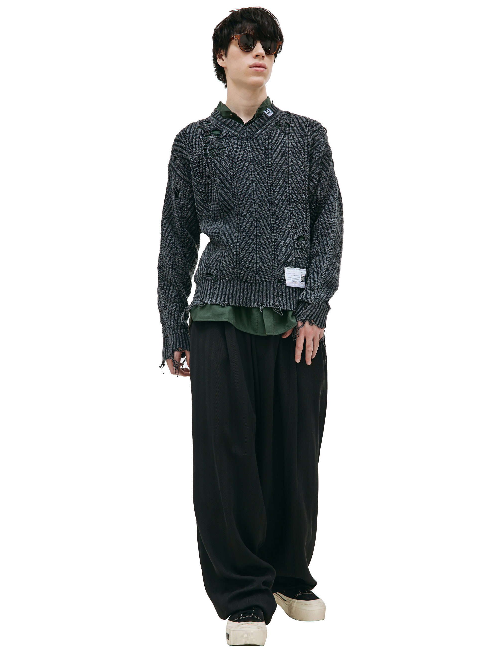 Рваный свитер с V-вырезом MIHARA YASUHIRO A10SW522, размер 46;48
