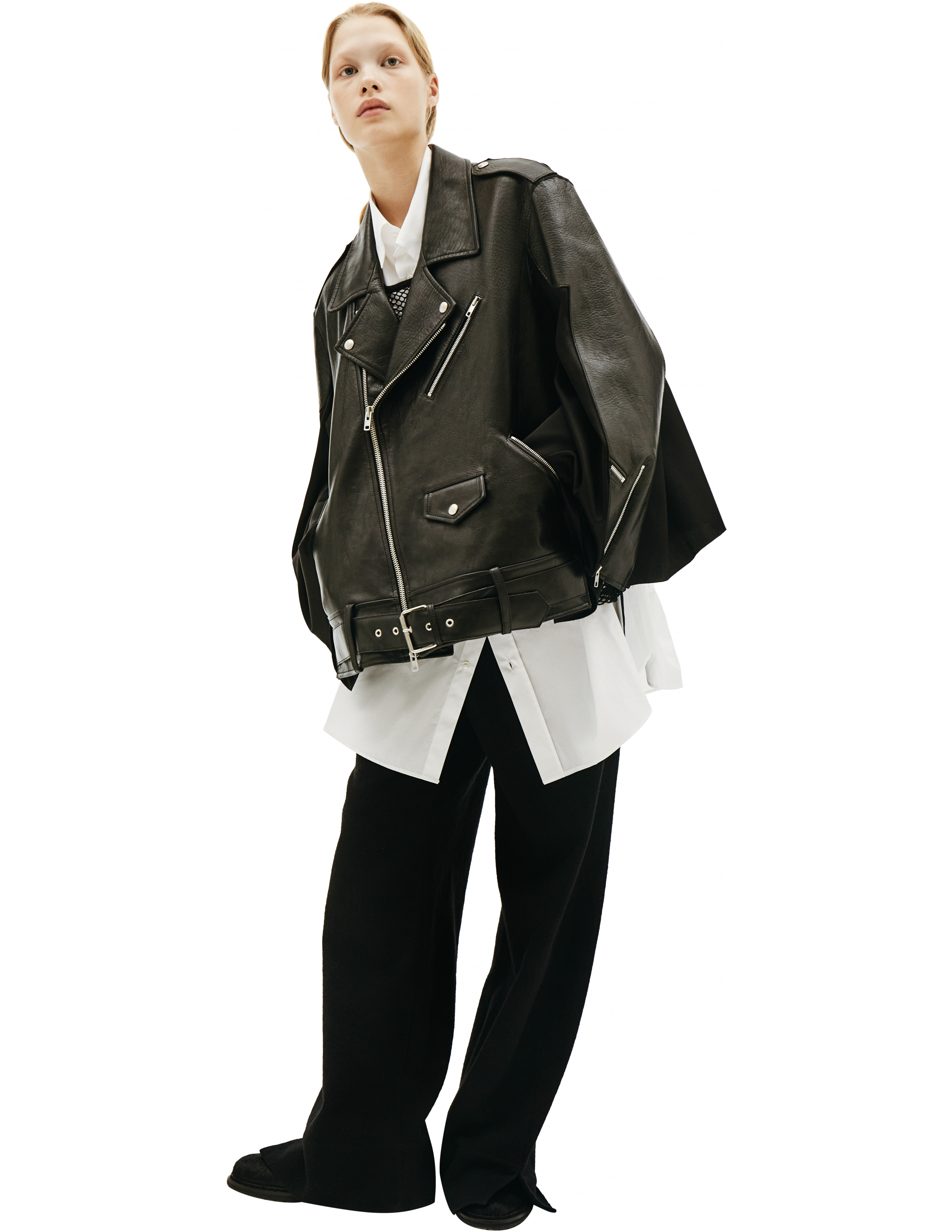 Черая кожаная куртка с ремнем - Maison Margiela S29AM0338/SY1397/900 Фото 3