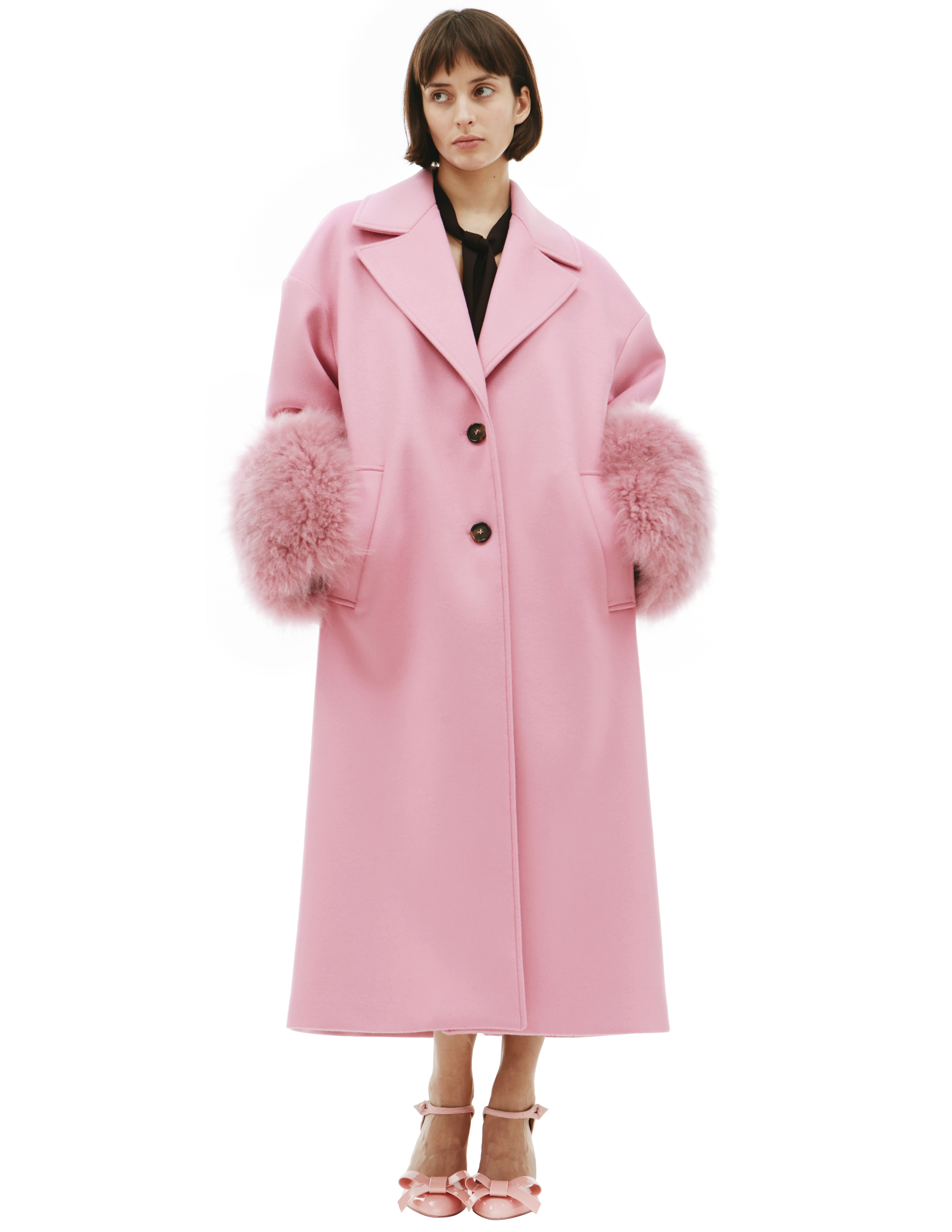 Шерстяное пальто с меховой отделкой - Blumarine 24/2/2S032A/pink