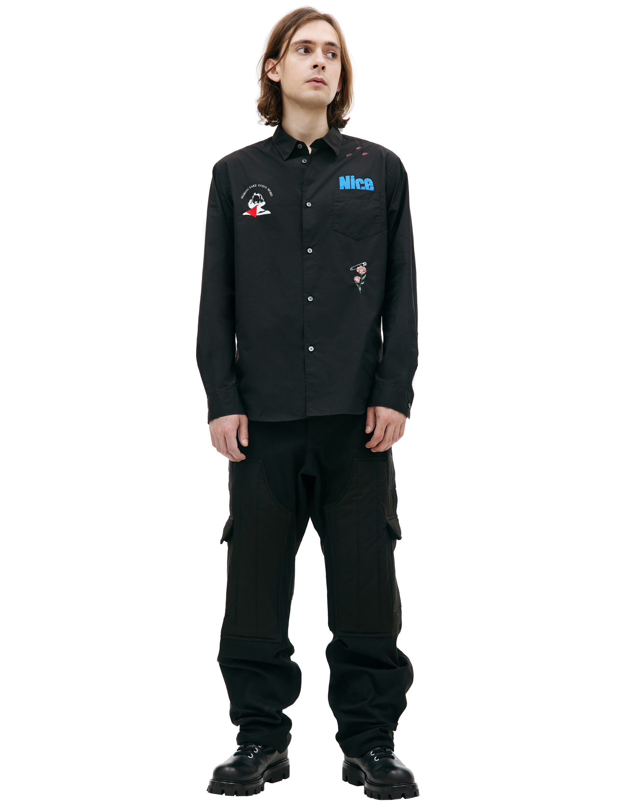 Черная рубашка с принтами и вышивками Undercover UC1C4405-1, размер 5;4