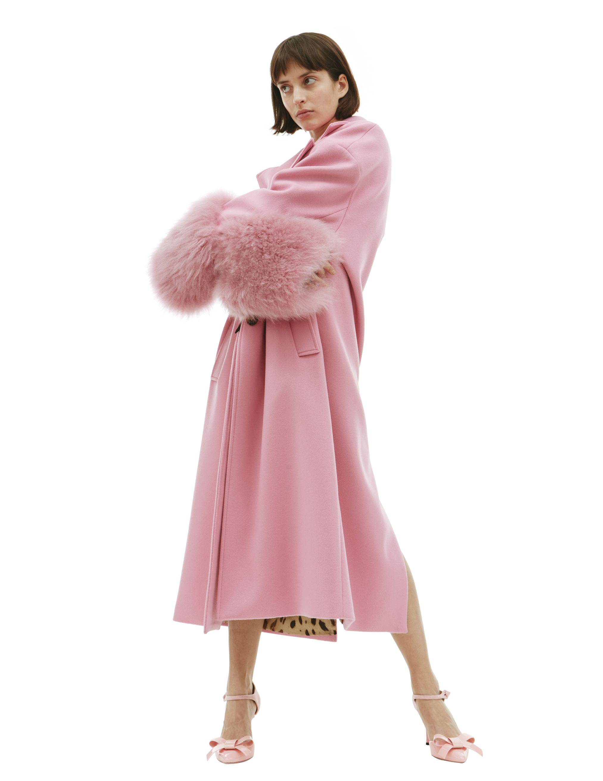 Шерстяное пальто с меховой отделкой - Blumarine 24/2/2S032A/pink Фото 4