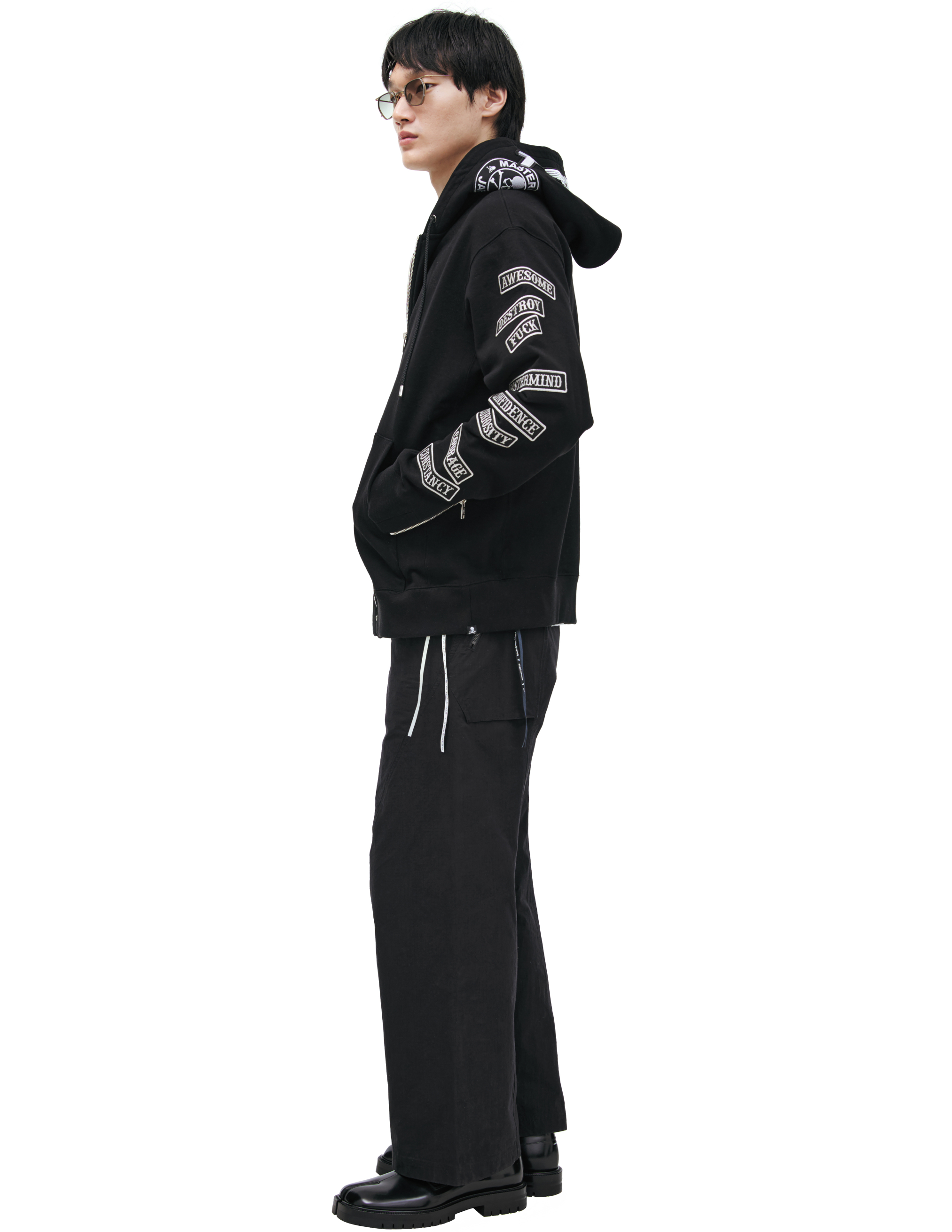 Женское черное худи-mj26ee1-sw025-014 zip.нашивки на капюшоне и