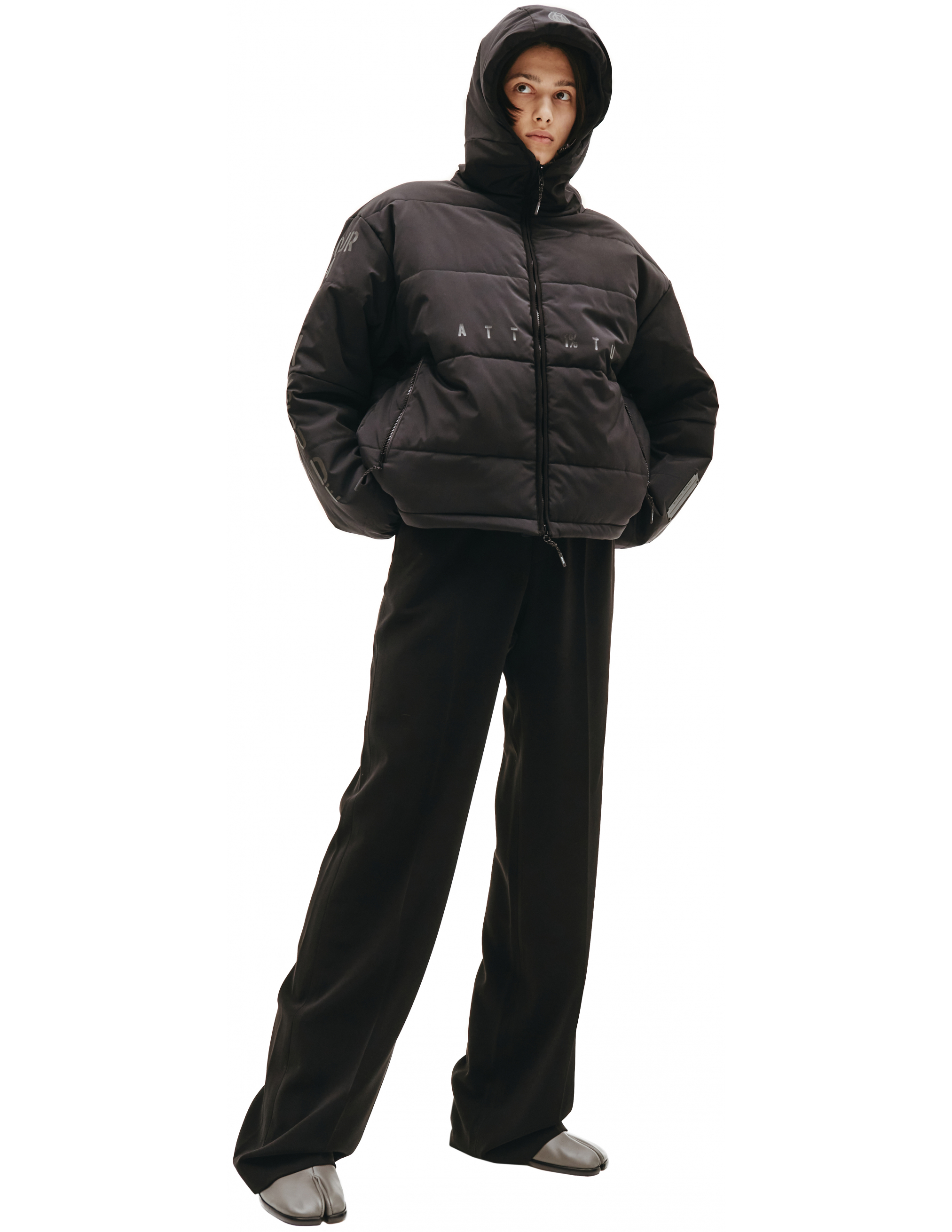 Черный пуховик с принтами ATT 1%