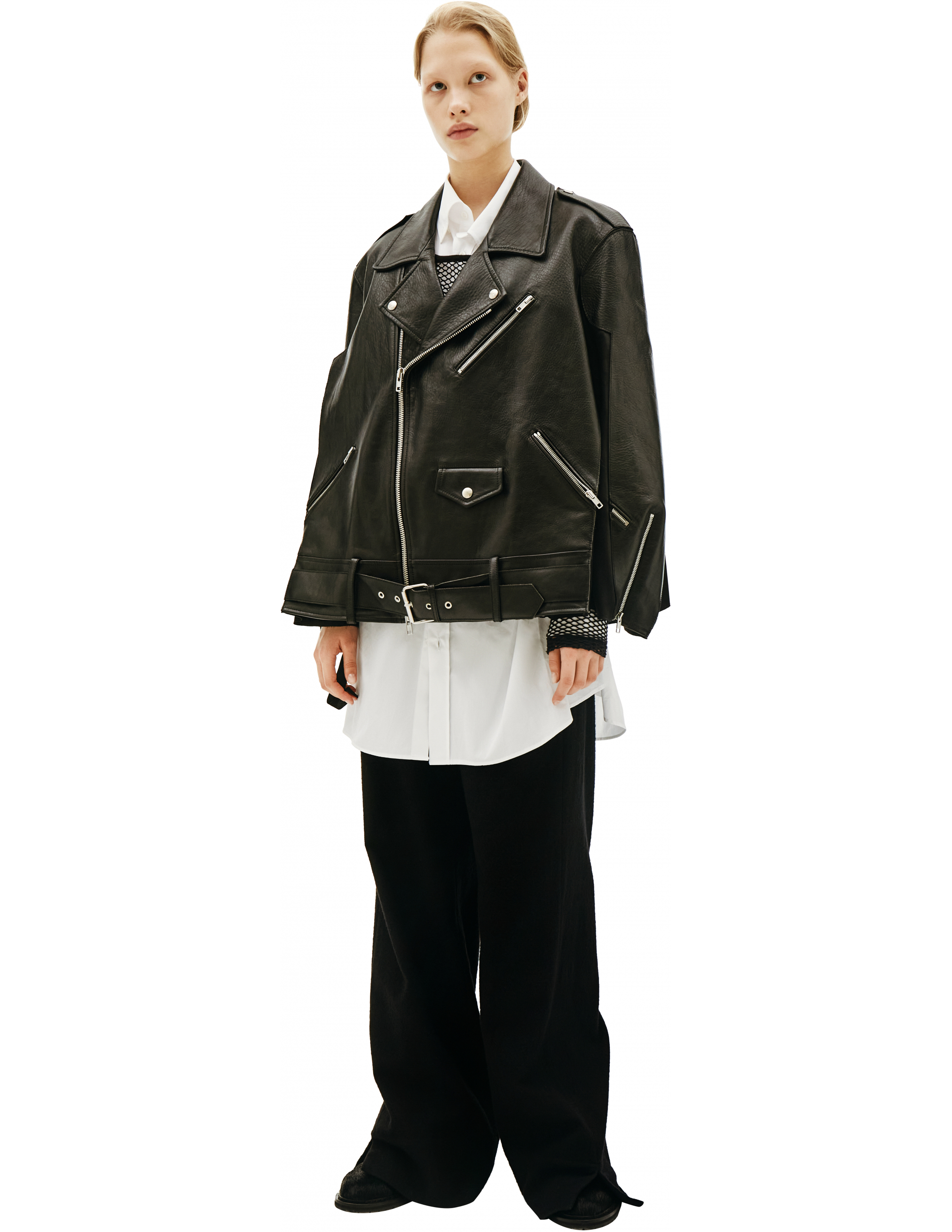Черая кожаная куртка с ремнем - Maison Margiela S29AM0338/SY1397/900