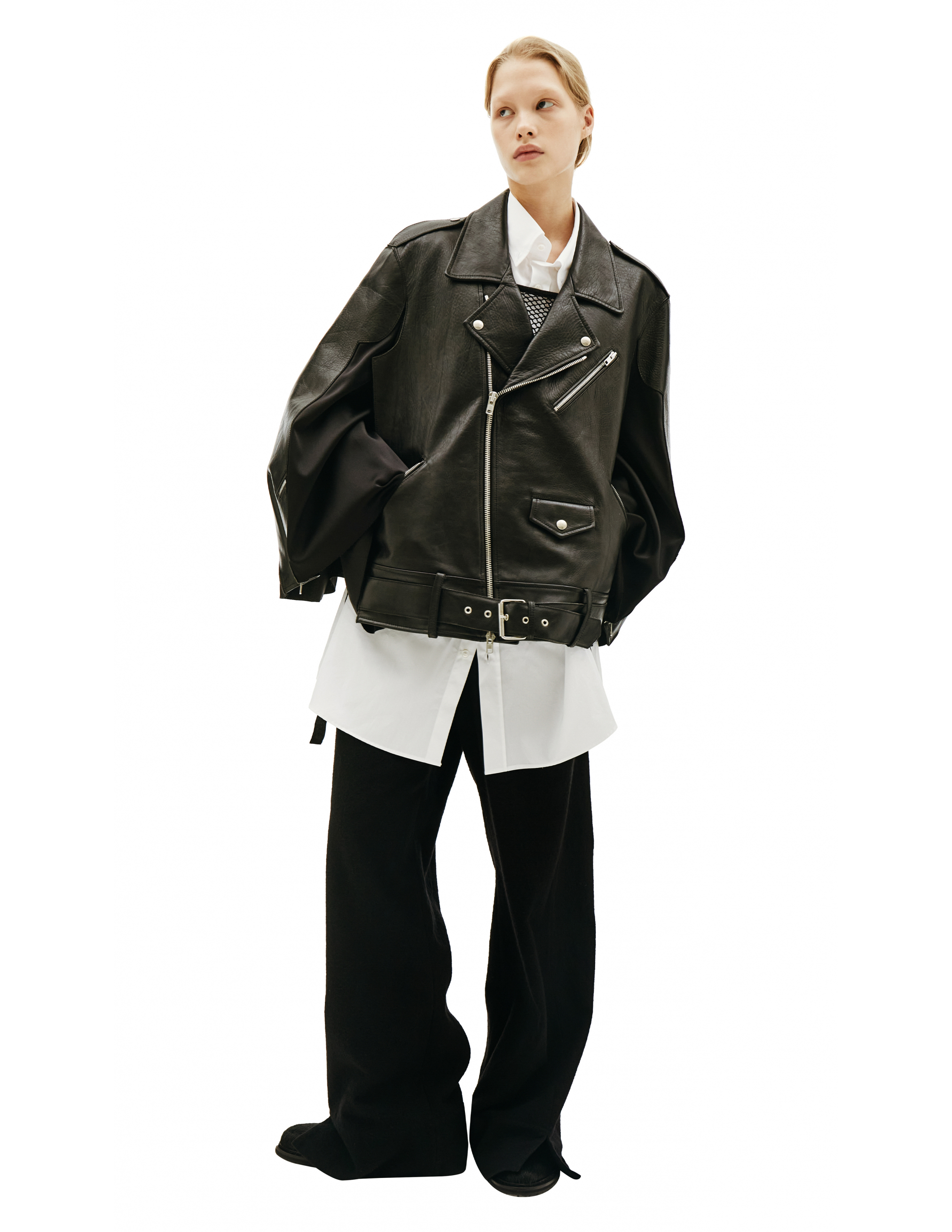Черая кожаная куртка с ремнем - Maison Margiela S29AM0338/SY1397/900 Фото 6