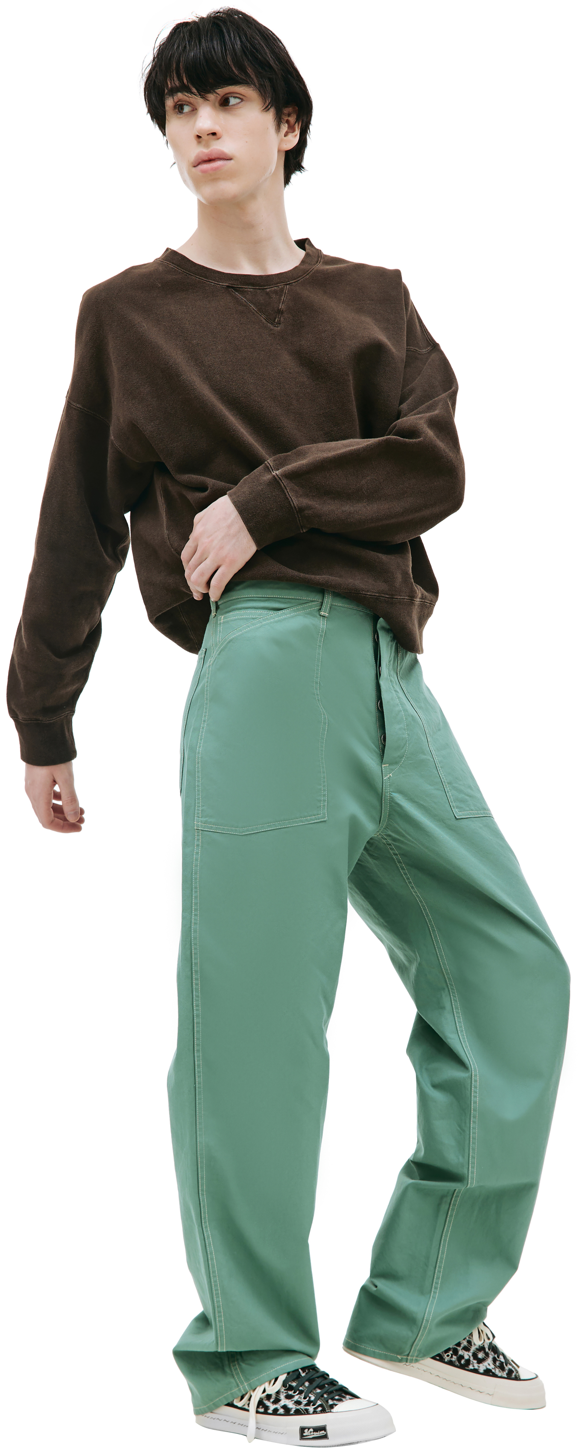 visvim Зеленые брюки Carpenter с накладными карманами