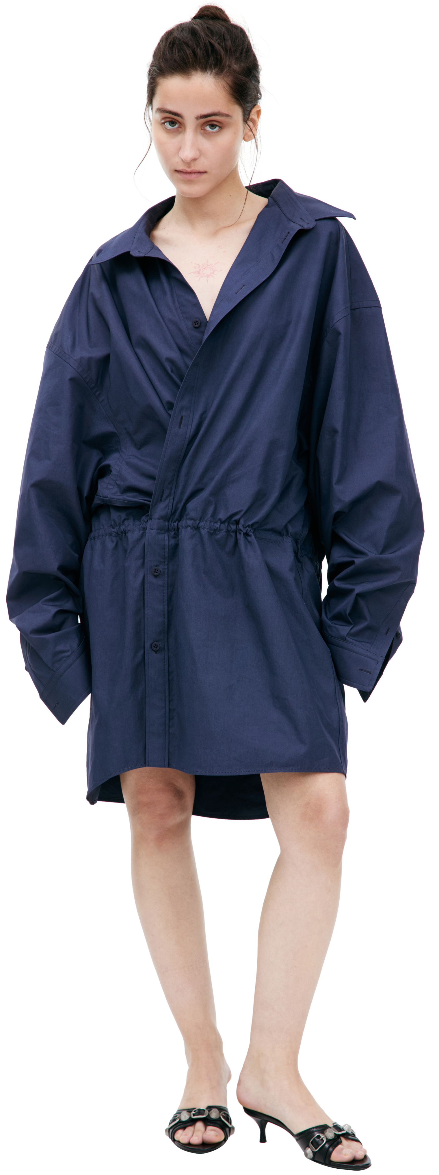 Balenciaga Платье-814136/TRM17/4530 из рубашки, резинка на поясе. темно-синее