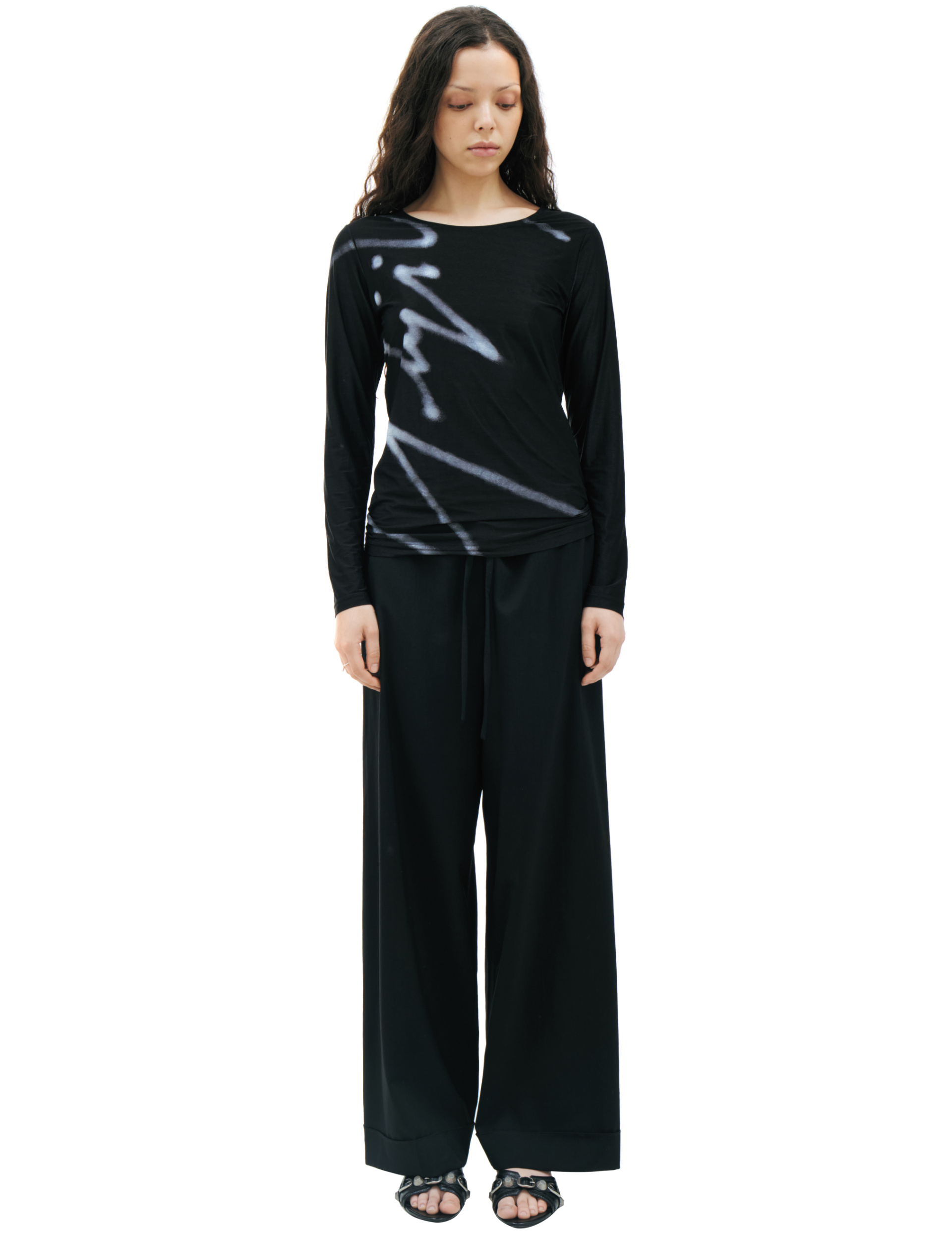 Yohji Yamamoto Футболка-FK-T81-983-2 базовый лонгслив с принт-подписью, черный