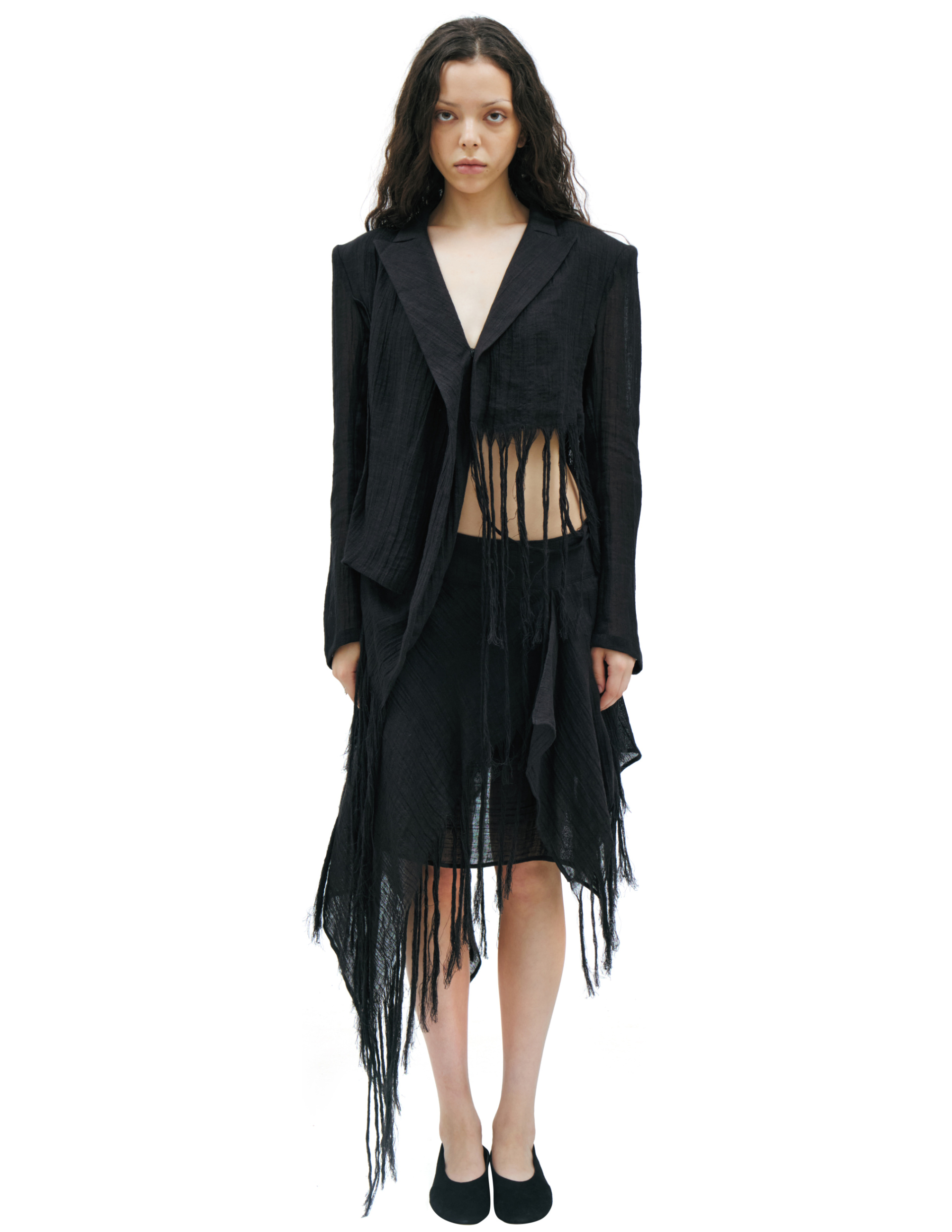Yohji Yamamoto Куртка-FK-J01-307-1 асимметричный крой, необработанные края с бахромой, черная