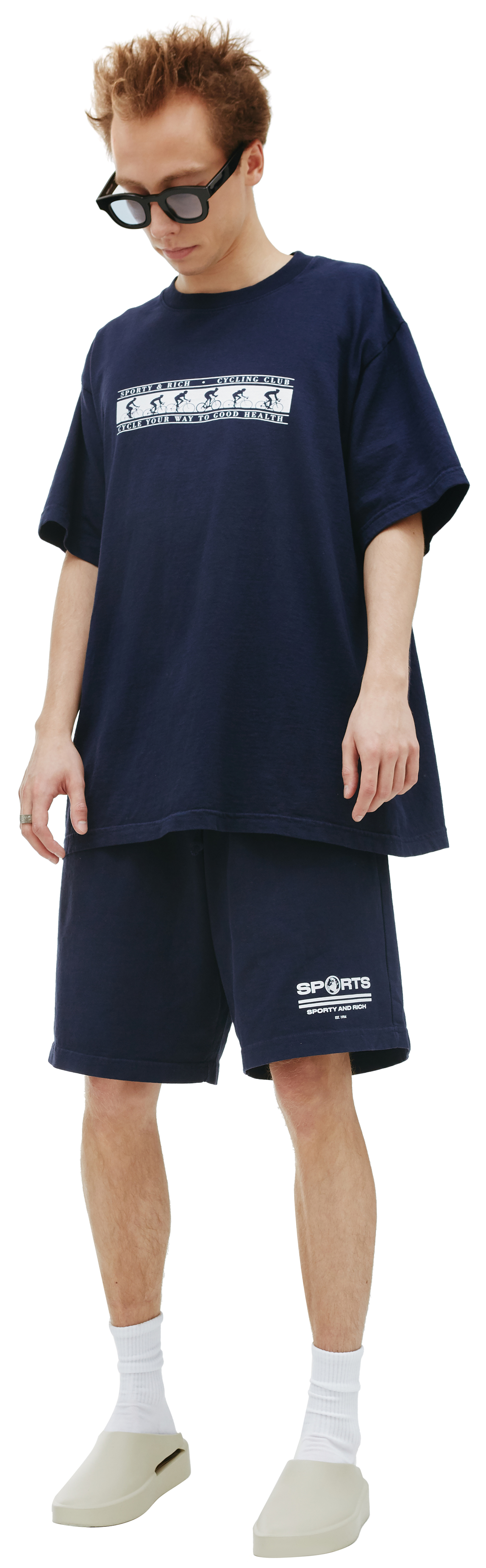 SPORTY & RICH Синяя футболка с принтом Cycling Club
