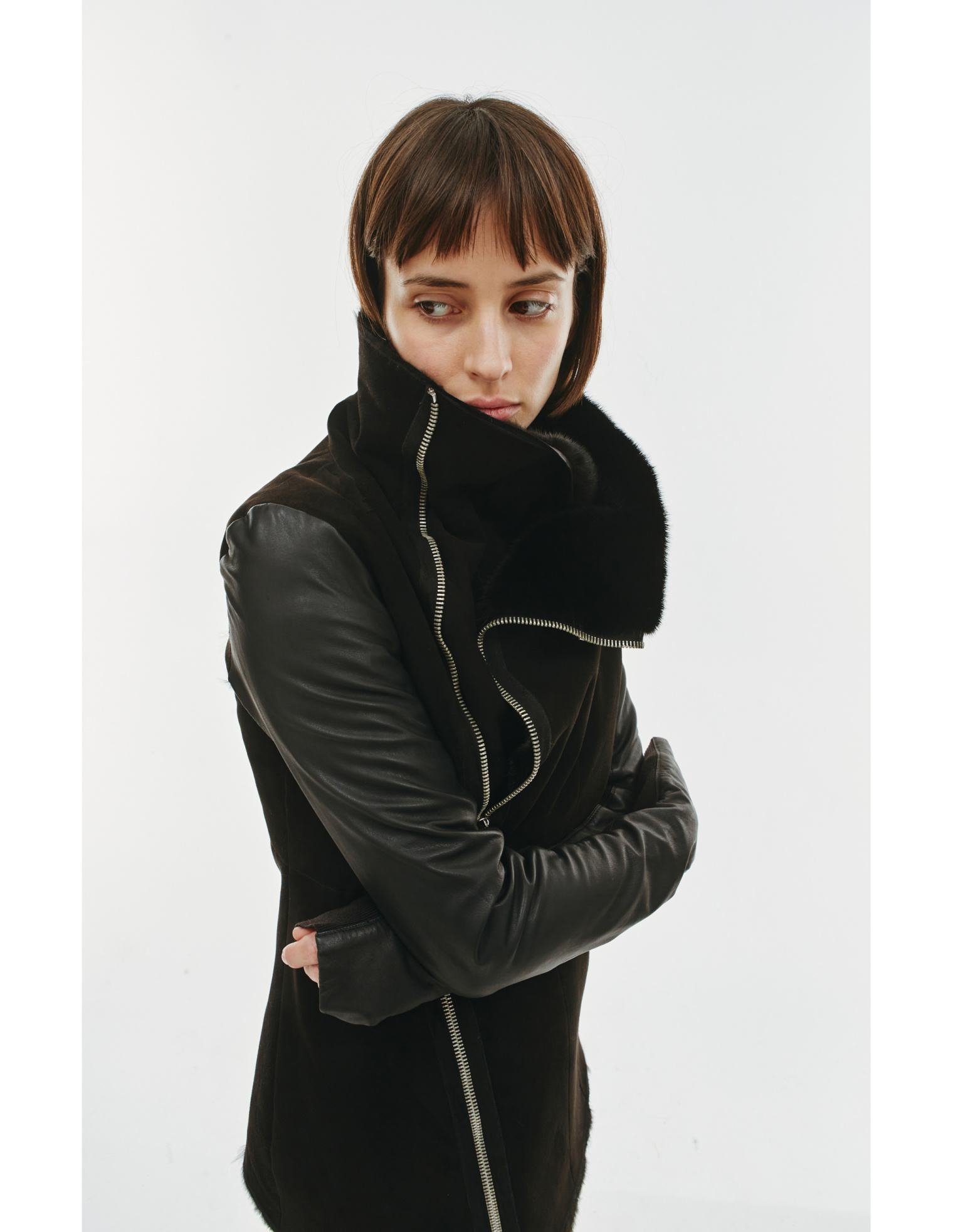 HUN Rick Owens Норковая шуба с кожаными рукавами