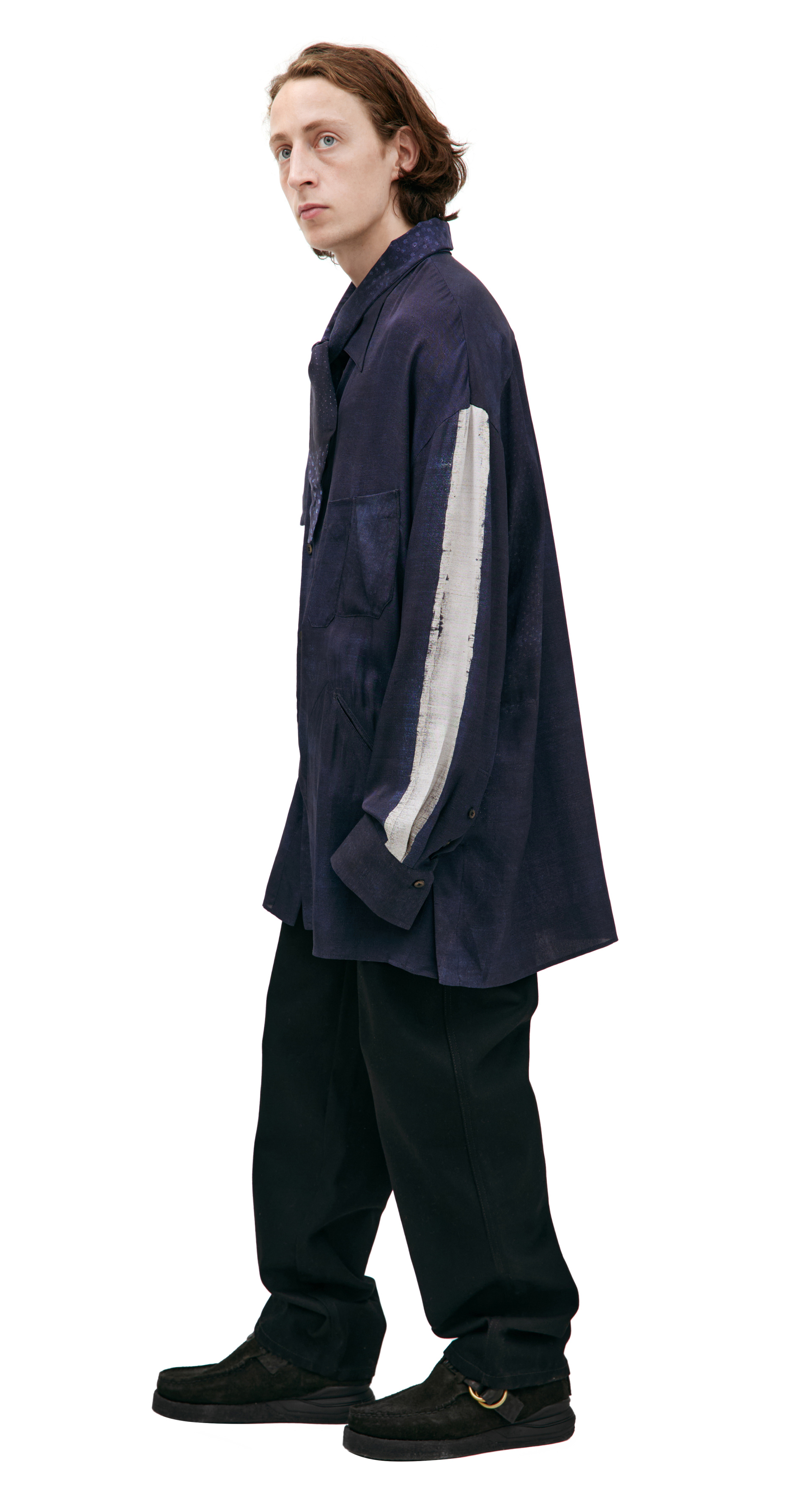 Ziggy Chen Рубашка-0M2520712 белая полоса спереди сзади и на рукаве, темно-синяя