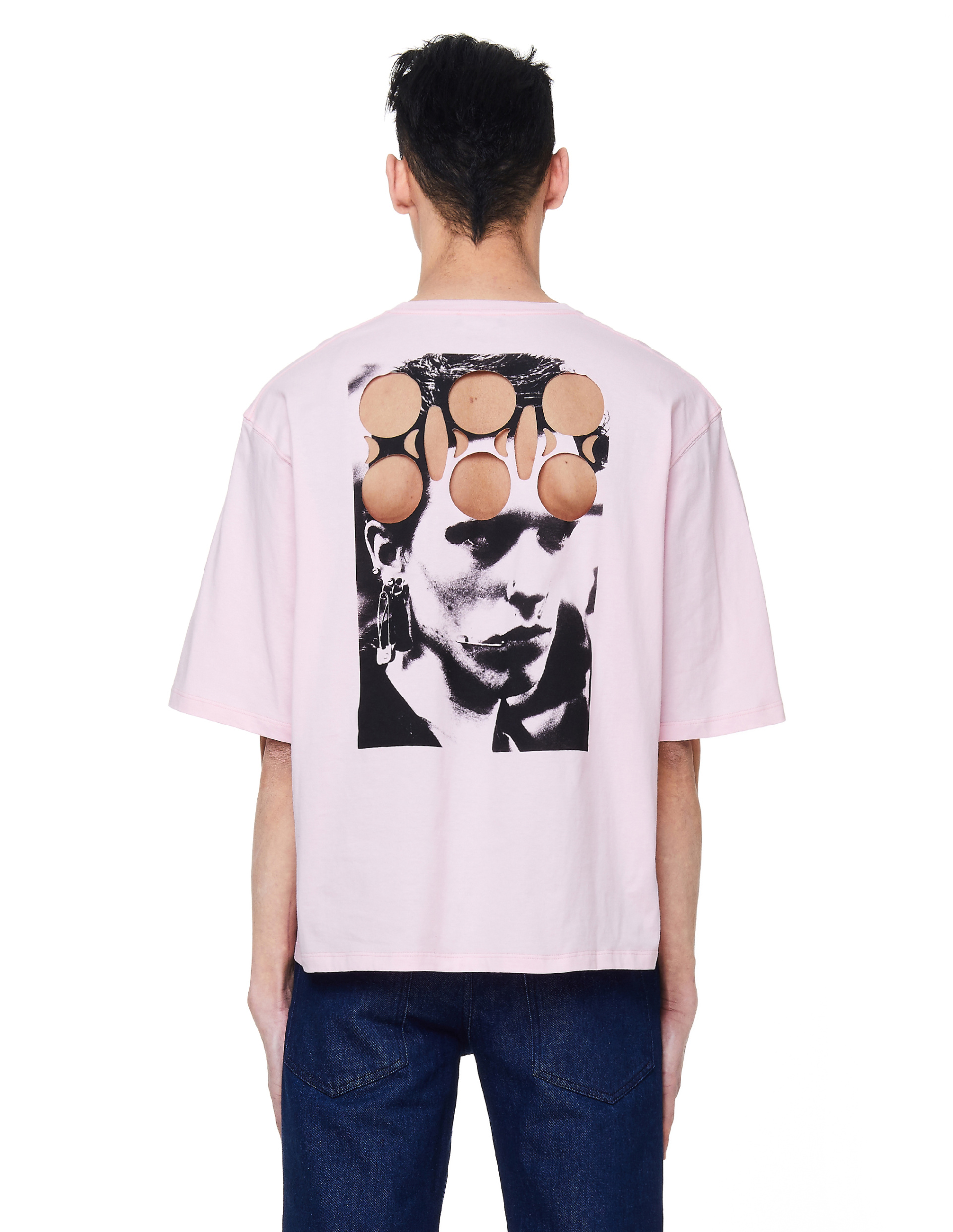Raf Simons Розовая футболка с принтом и перфорацией