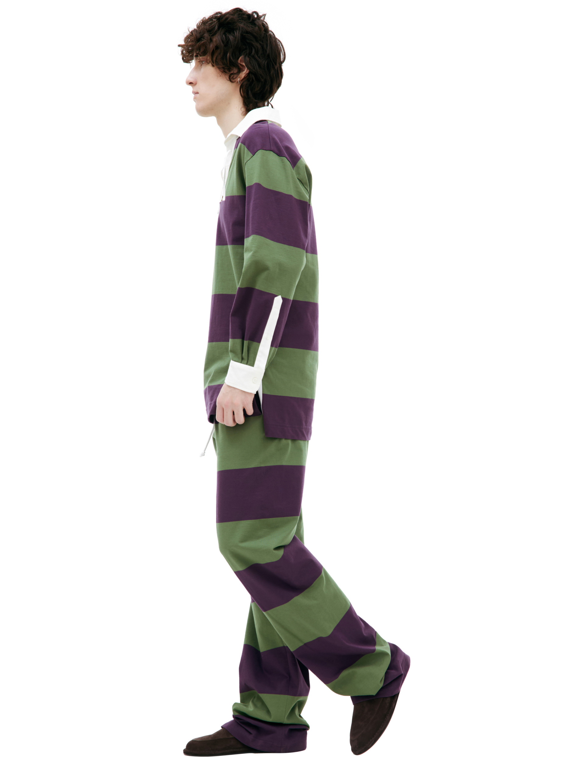 Dries Van Noten Футболка-241-010741-8399-402 поло, в полоску, белый ворот на завязках, зелено-фиолетовый