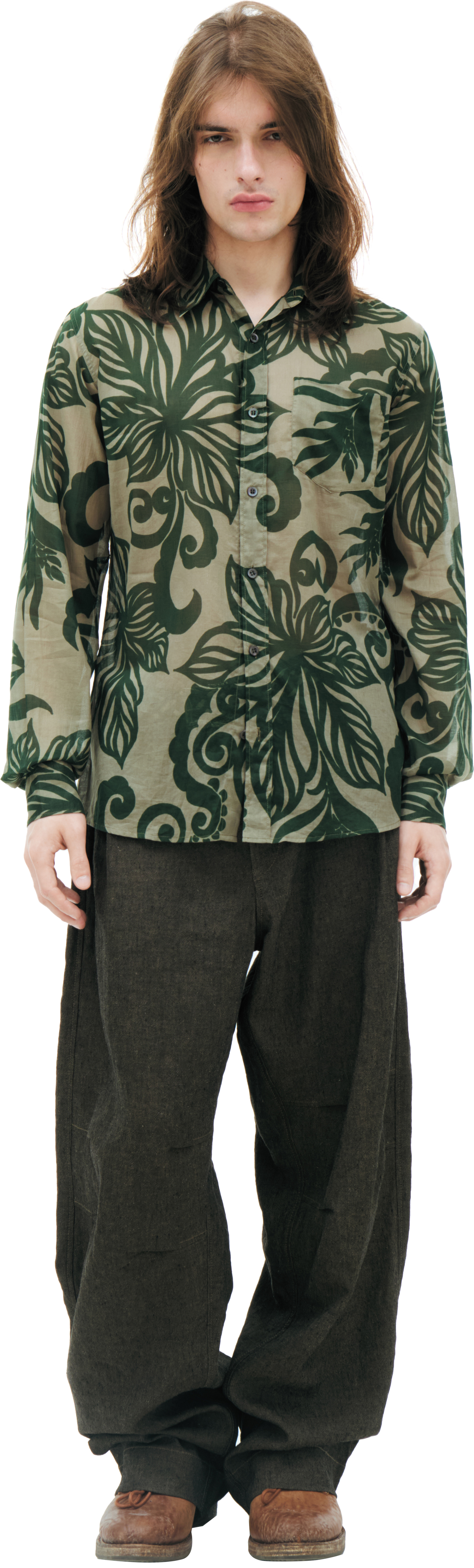 Dries Van Noten Зеленая рубашка с монопринтом