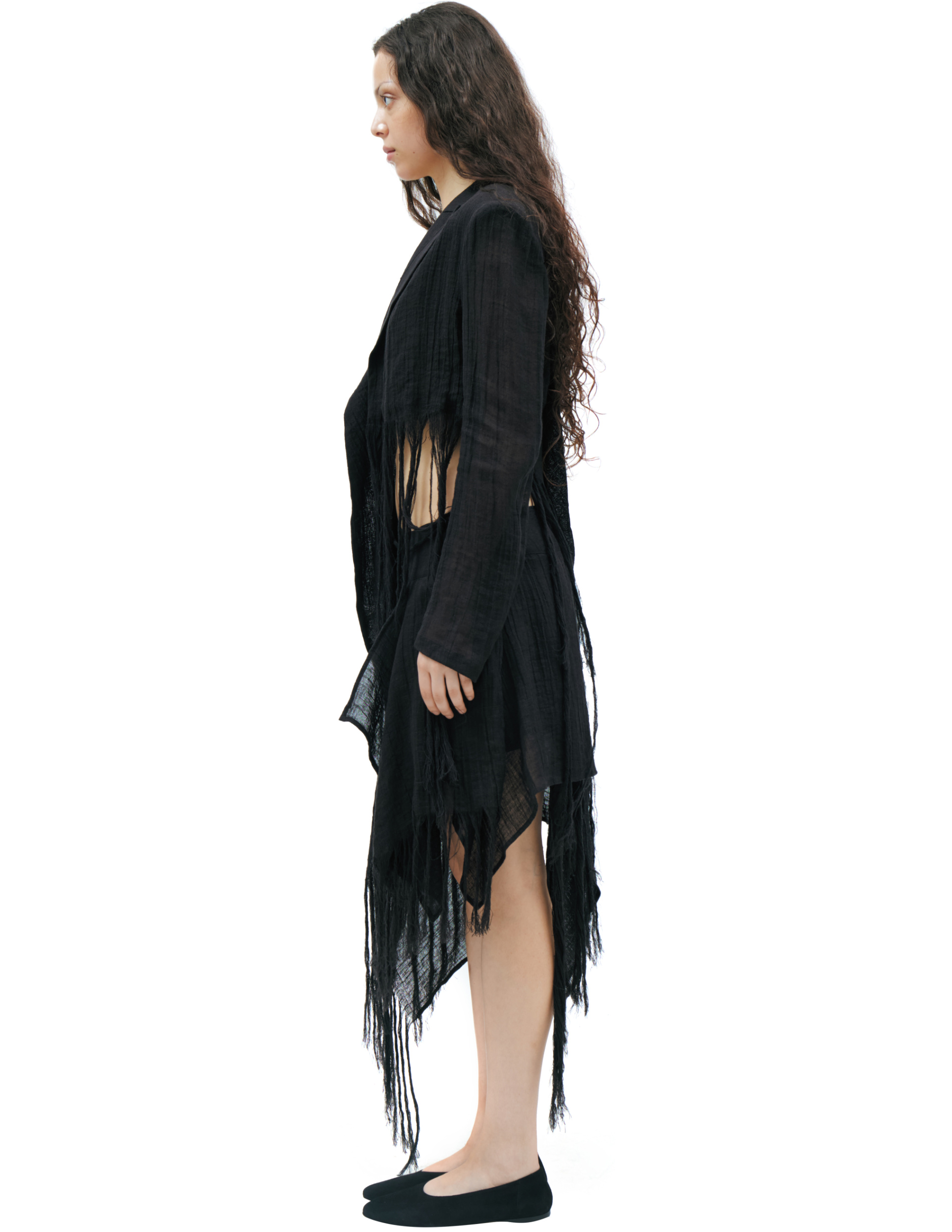 Yohji Yamamoto Куртка-FK-J01-307-1 асимметричный крой, необработанные края с бахромой, черная