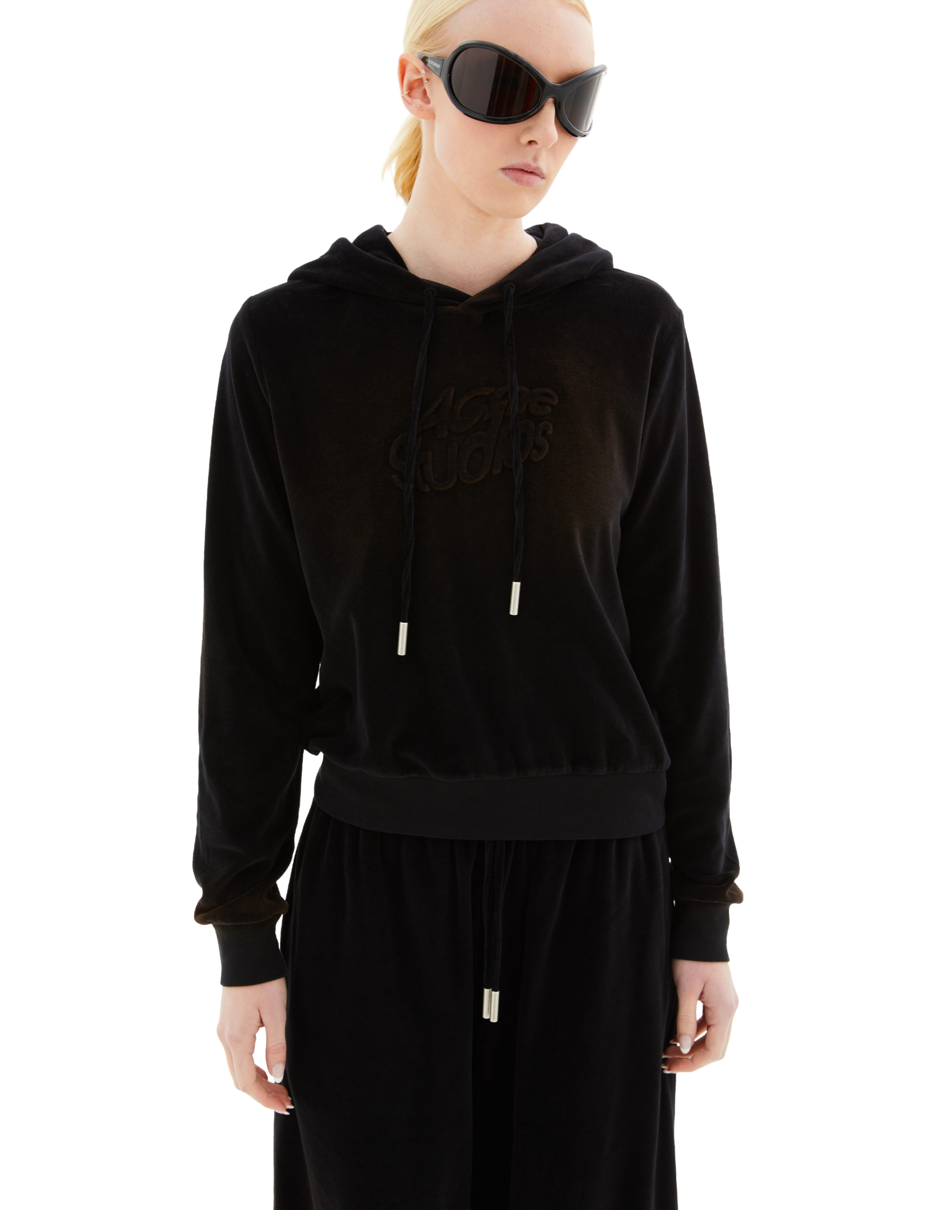 Acne Studios Свитер-CI0162 худи, велюр, укороченный, лого на груди, черный