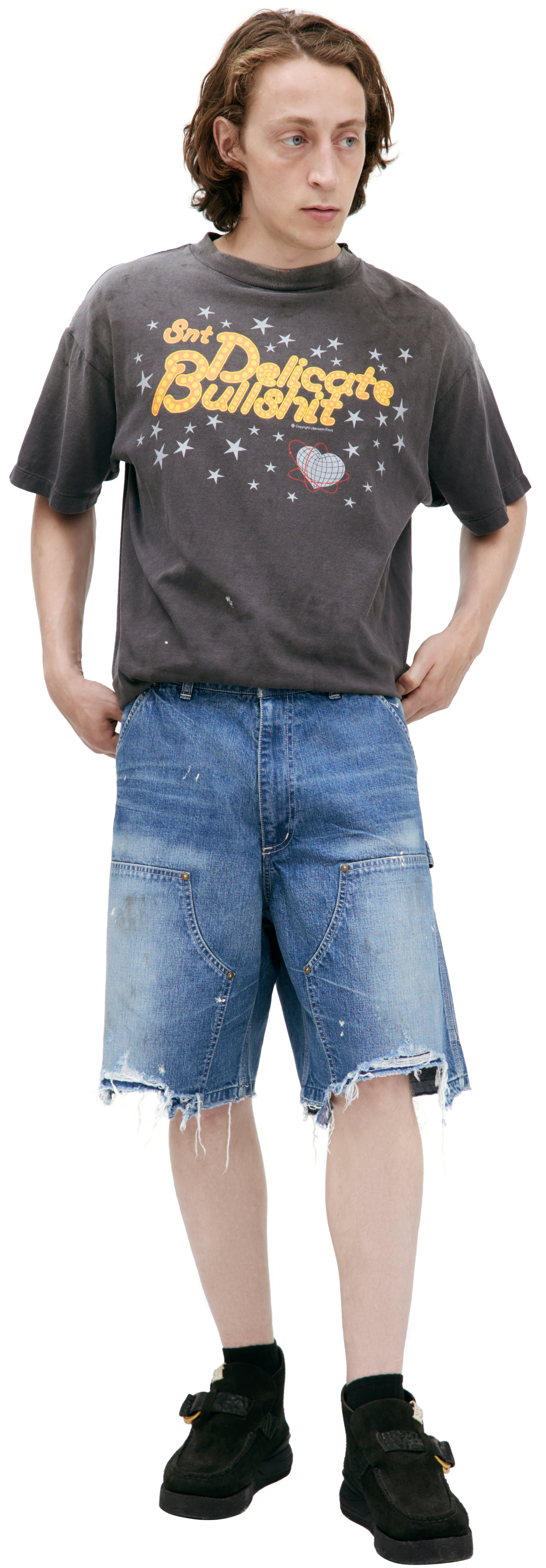 Saint Mxxxxxx Шорты-SM-HR8-0000-073 Джинсовые,рванные снизу, карго, в краске, лого сзади. голубые