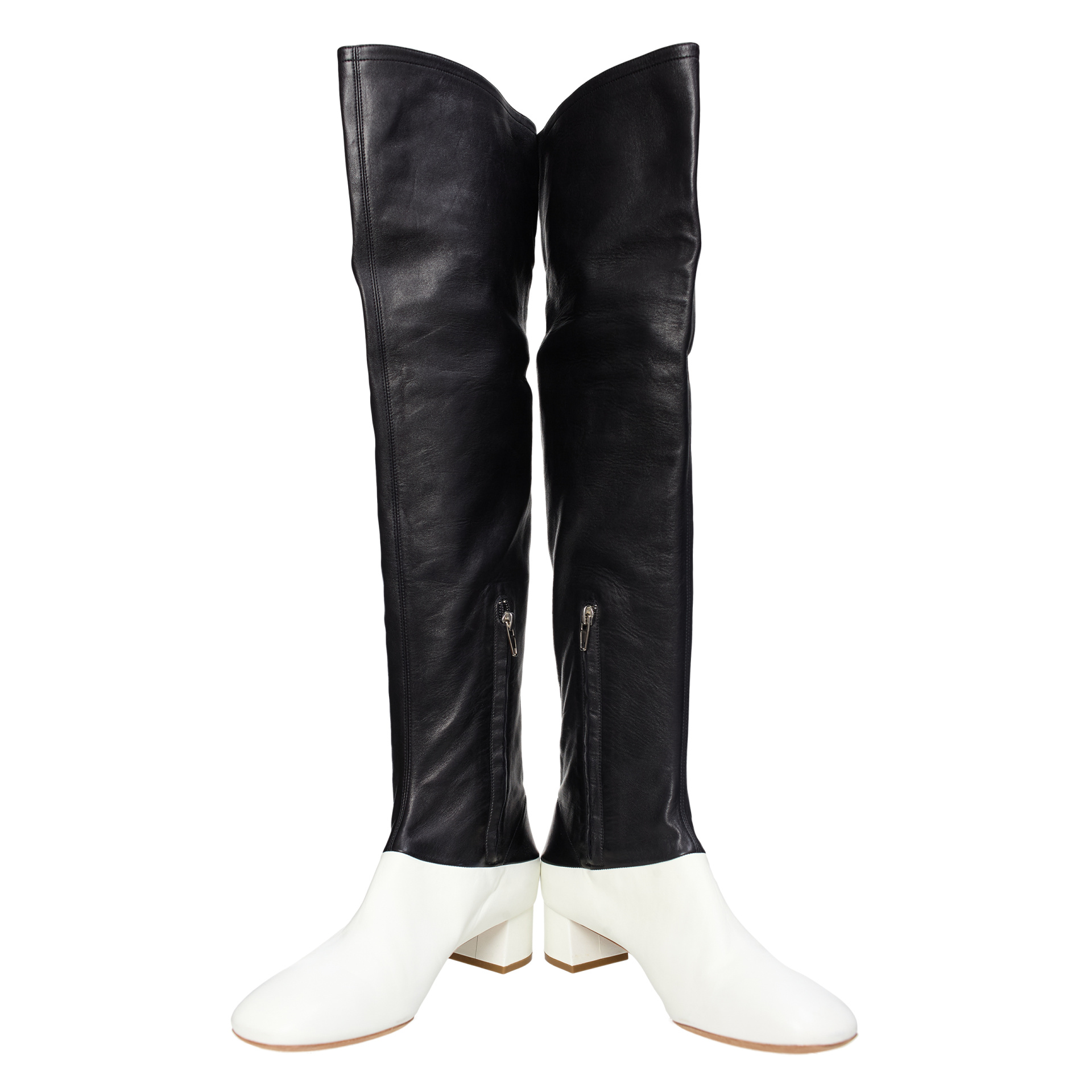 Celine Обувь-3C4316BLN/38AW двухцветные высокие на низком каблуке кожаные черно-белые