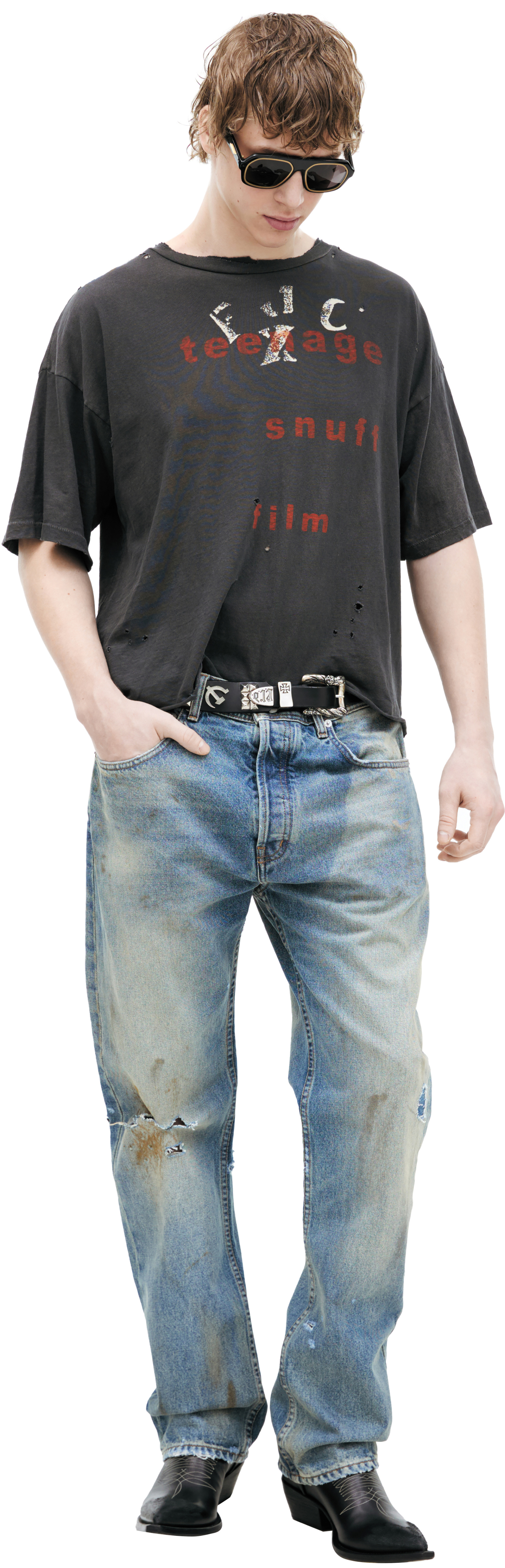 Enfants Riches Déprimés Джинсы-050-403 прямые, дырка и заплатка на коленях. грязные. голубые