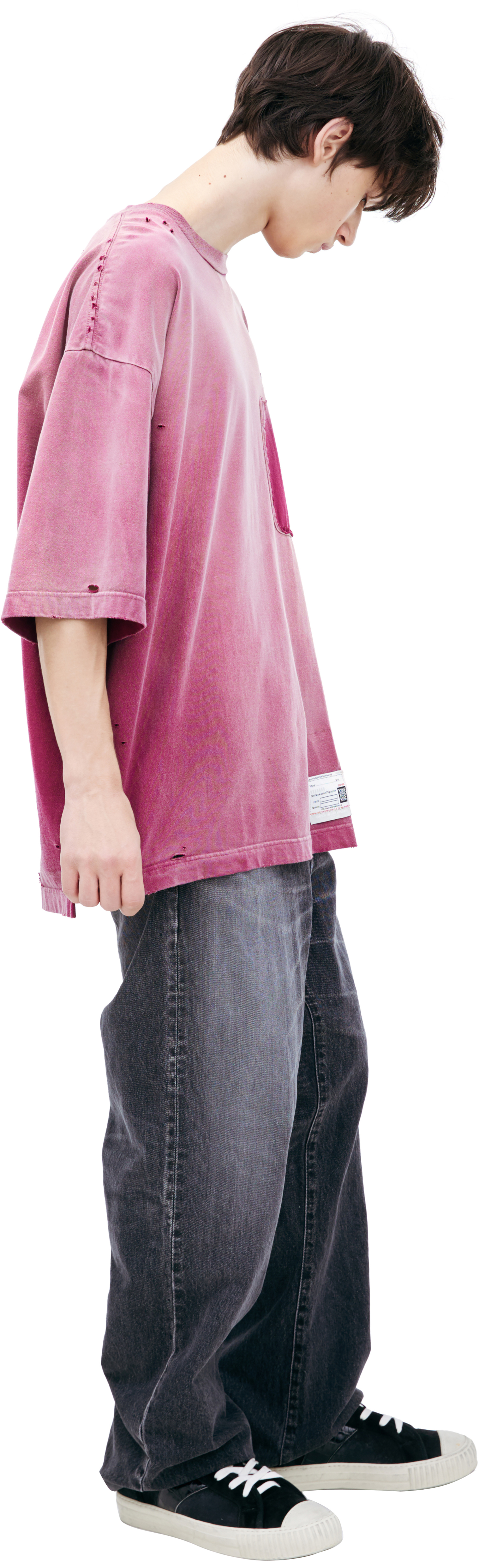 Maison Mihara Yasuhiro Футболка-A15TS621 фейк карман на груди,дырявый,лого на груди,выстиранный бордовый