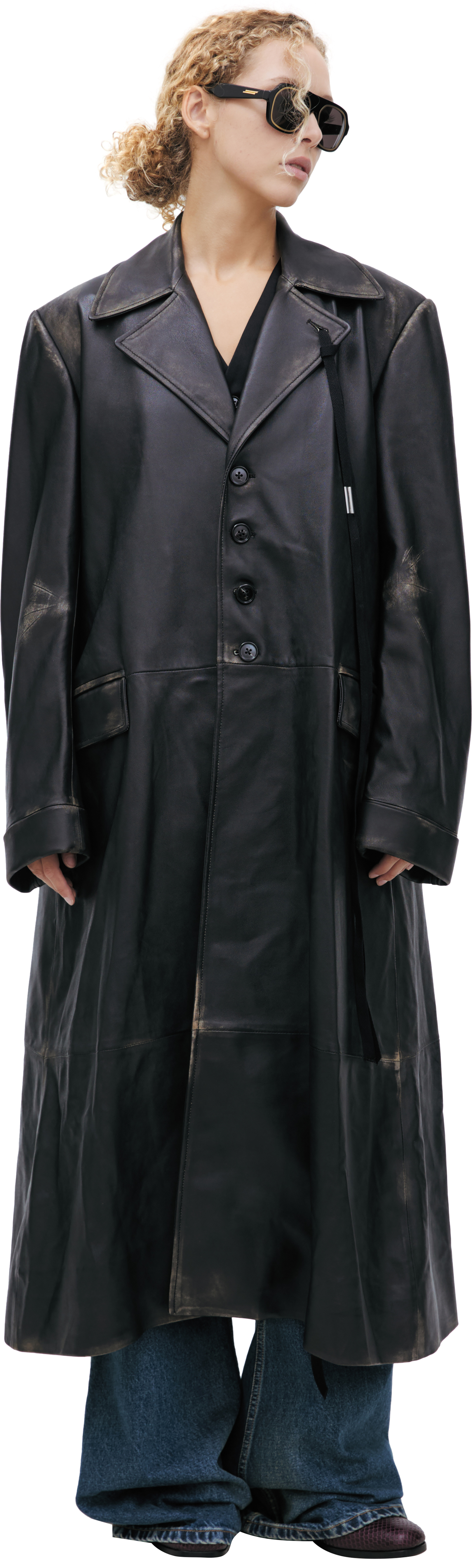 Ann Demeulemeester Пальто-B0013972-LT192-D0093 AILO, кожаное, удлиненное, с поясом, черное с потертостями