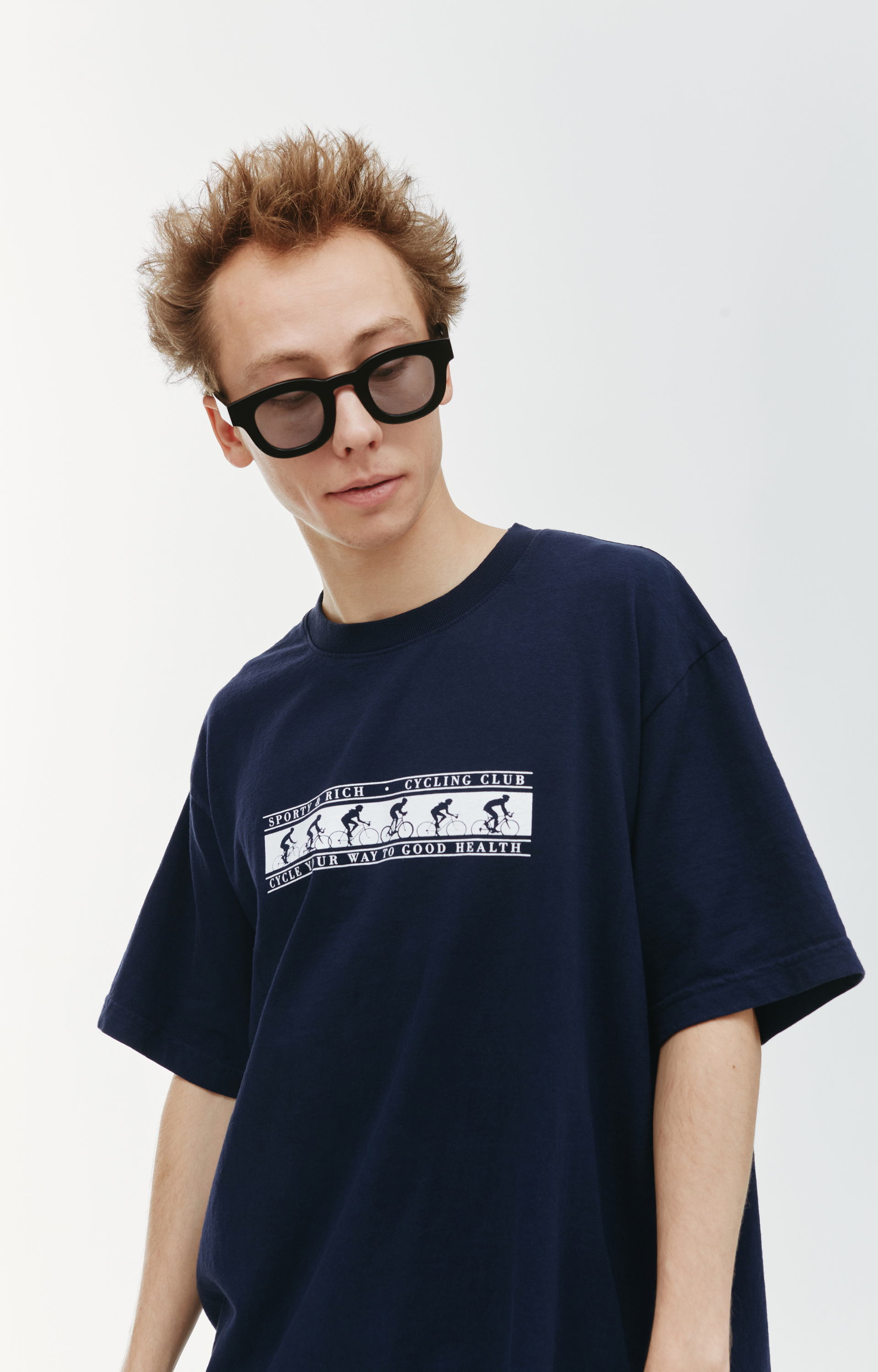 SPORTY & RICH Синяя футболка с принтом Cycling Club