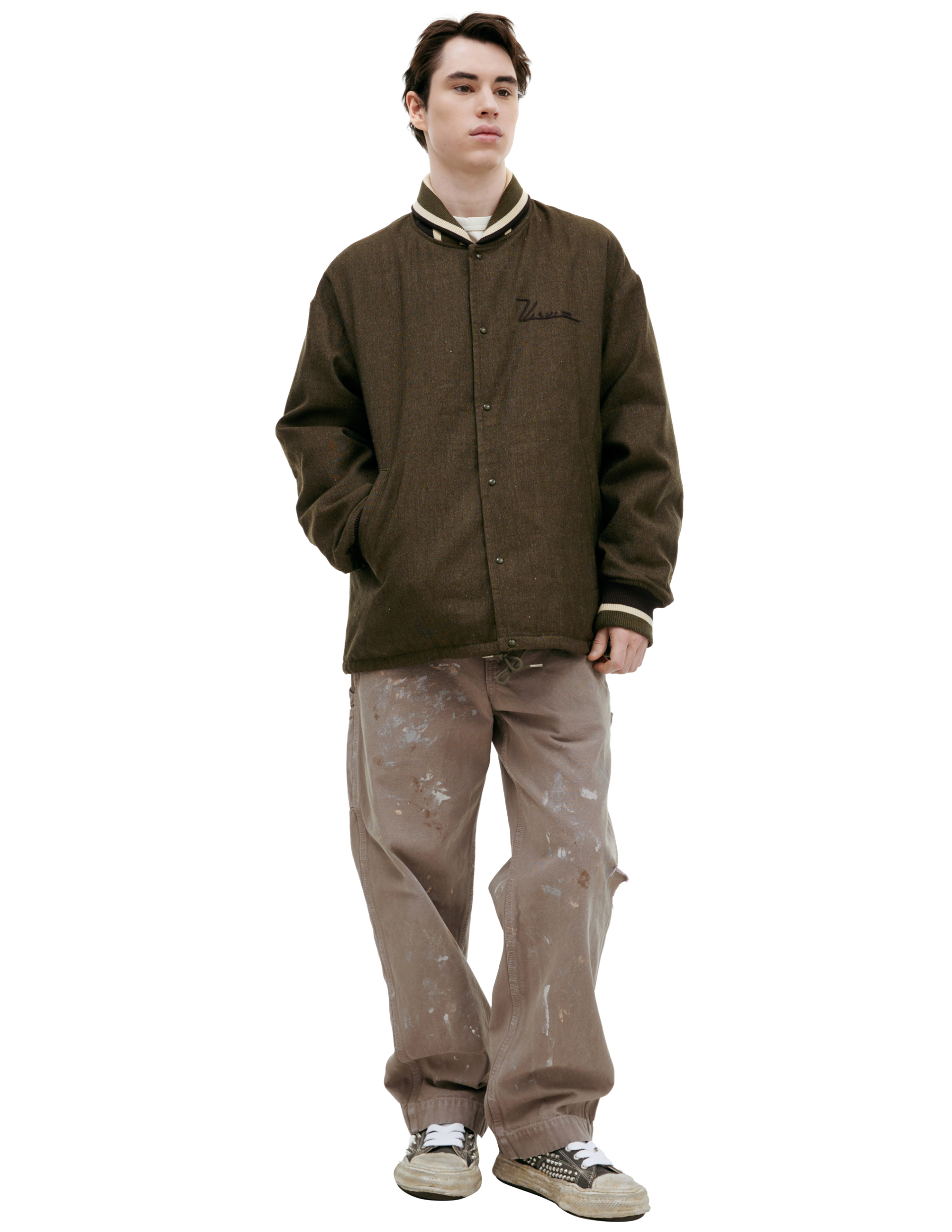 visvim Куртка-0125105013009 бомбер, на кнопках, вышивка лого на груди, шерсть, хаки