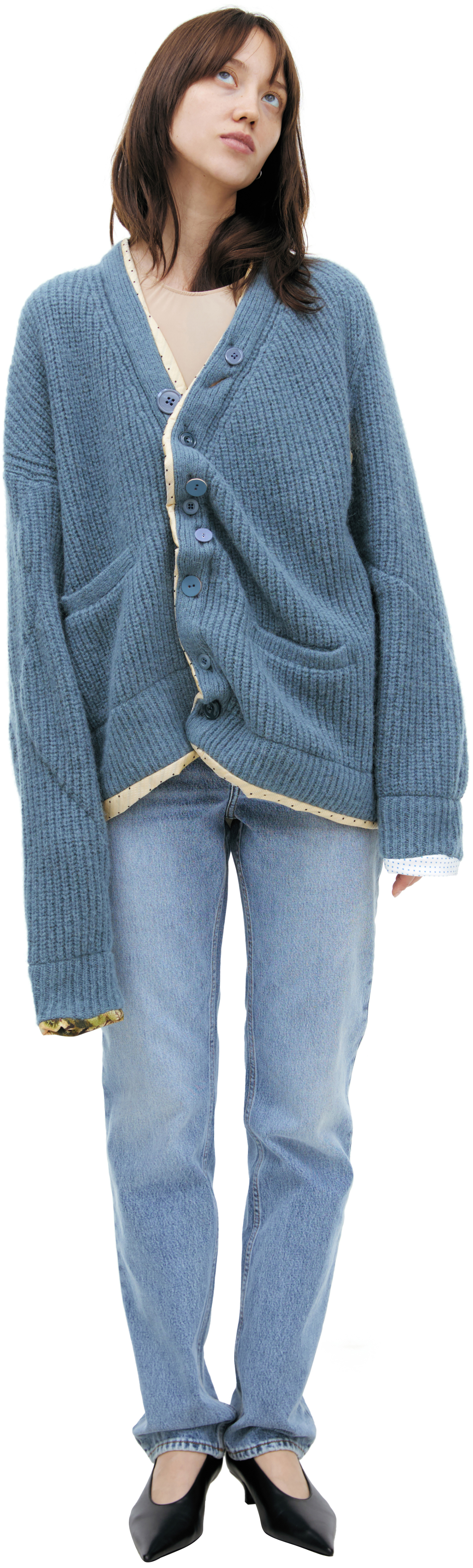 Undercover Кардиган-UC2E1902 с подкладом,косые швы,много пуговиц,вязанный,голубой