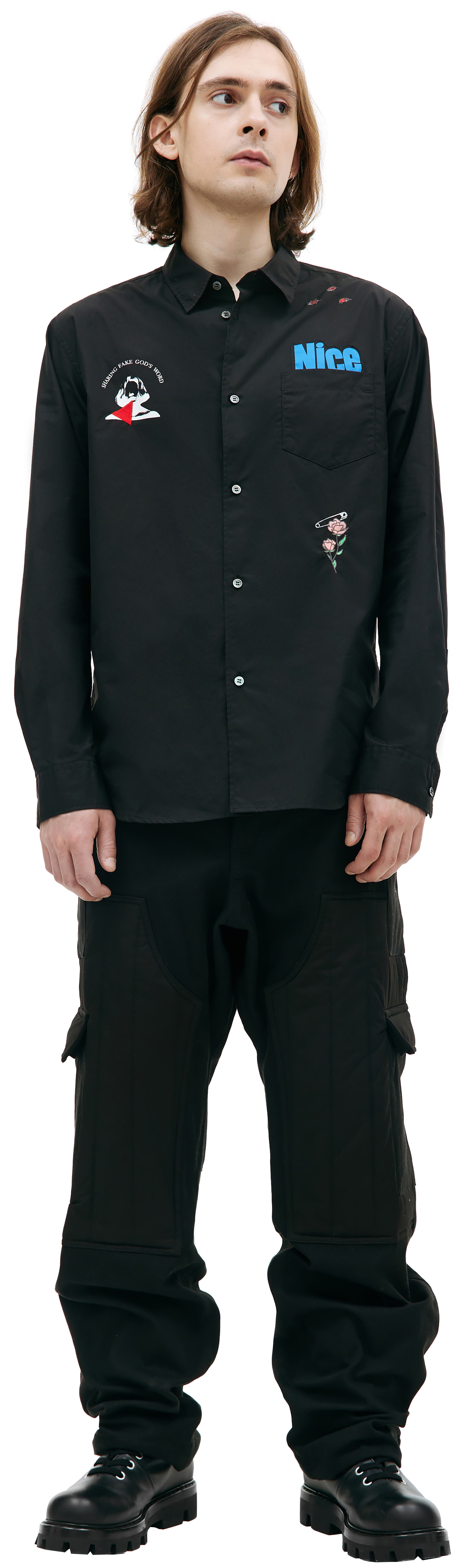 Undercover Черная рубашка с принтами и вышивками