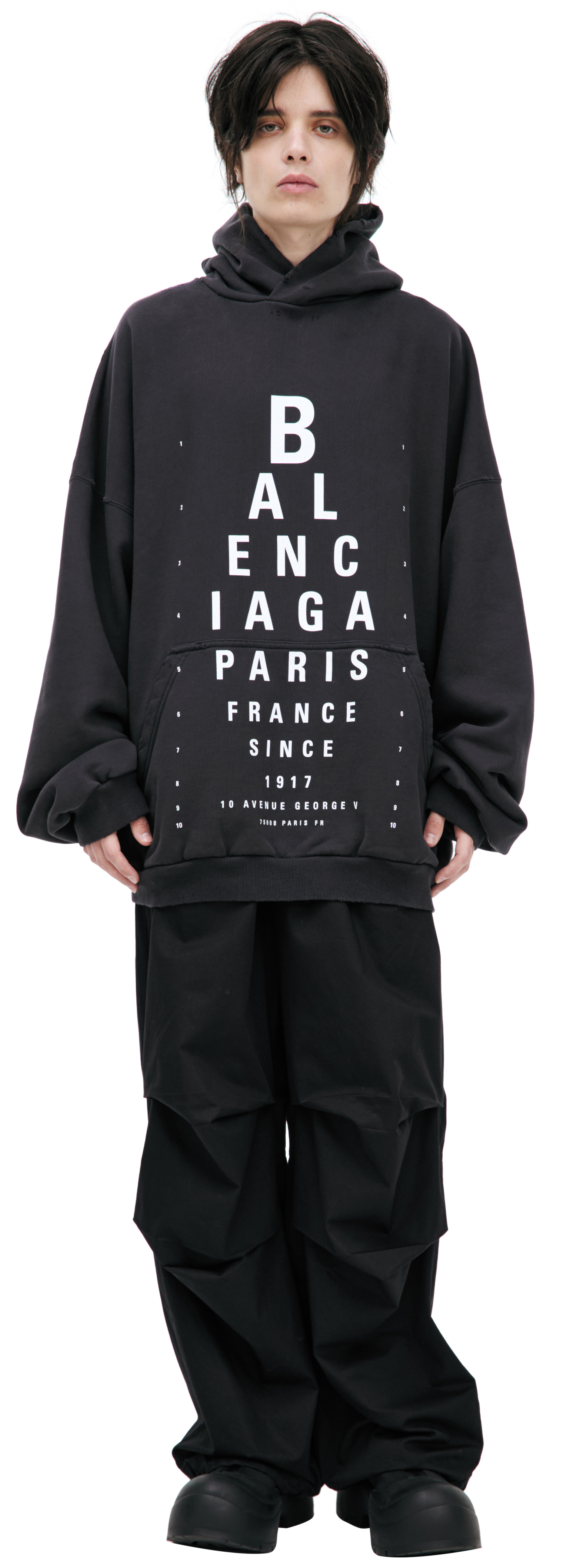 Balenciaga Худи-803265/TRVU7/9034 принт лого в стиле таблицы Сивцева. рваный, темно-серый