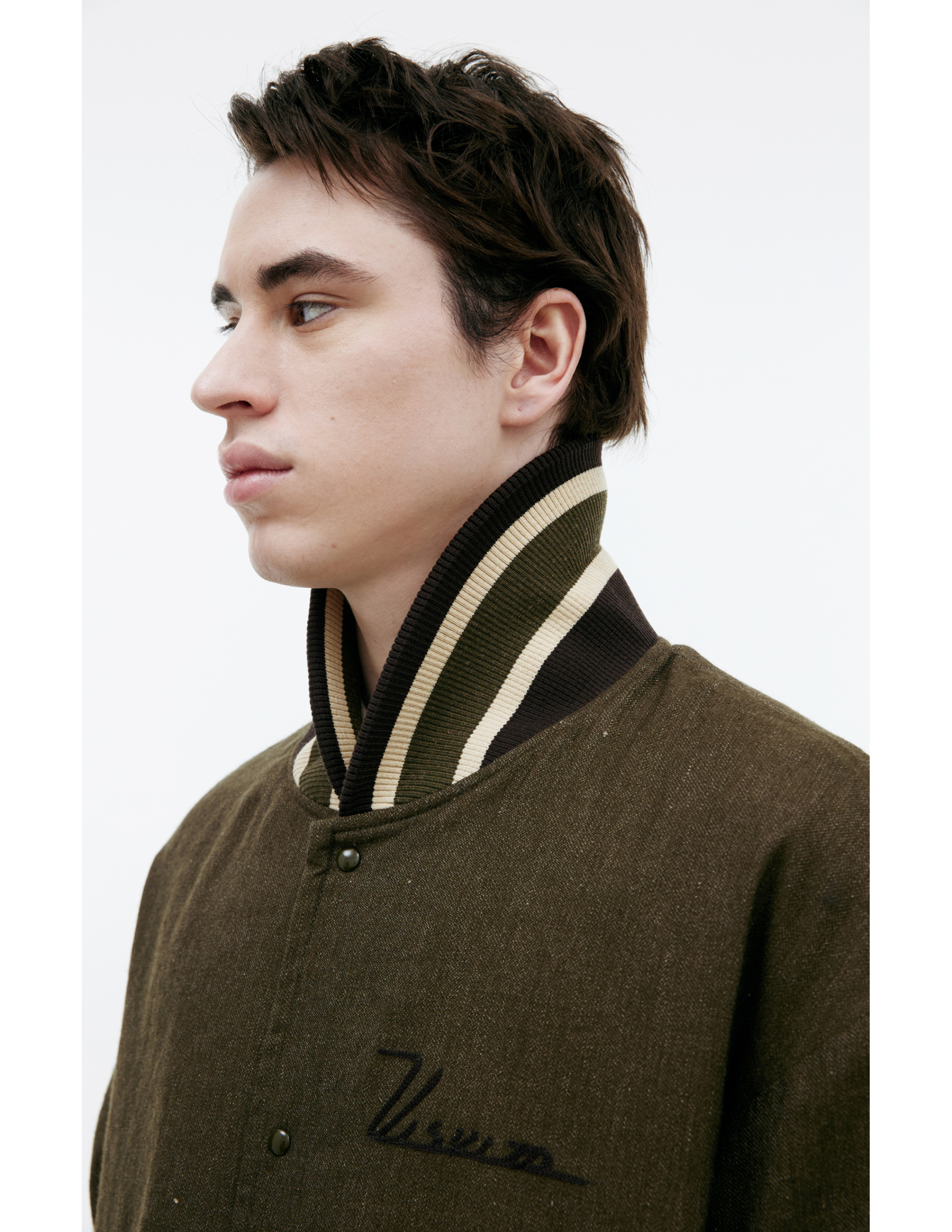 visvim Куртка-0125105013009 бомбер, на кнопках, вышивка лого на груди, шерсть, хаки