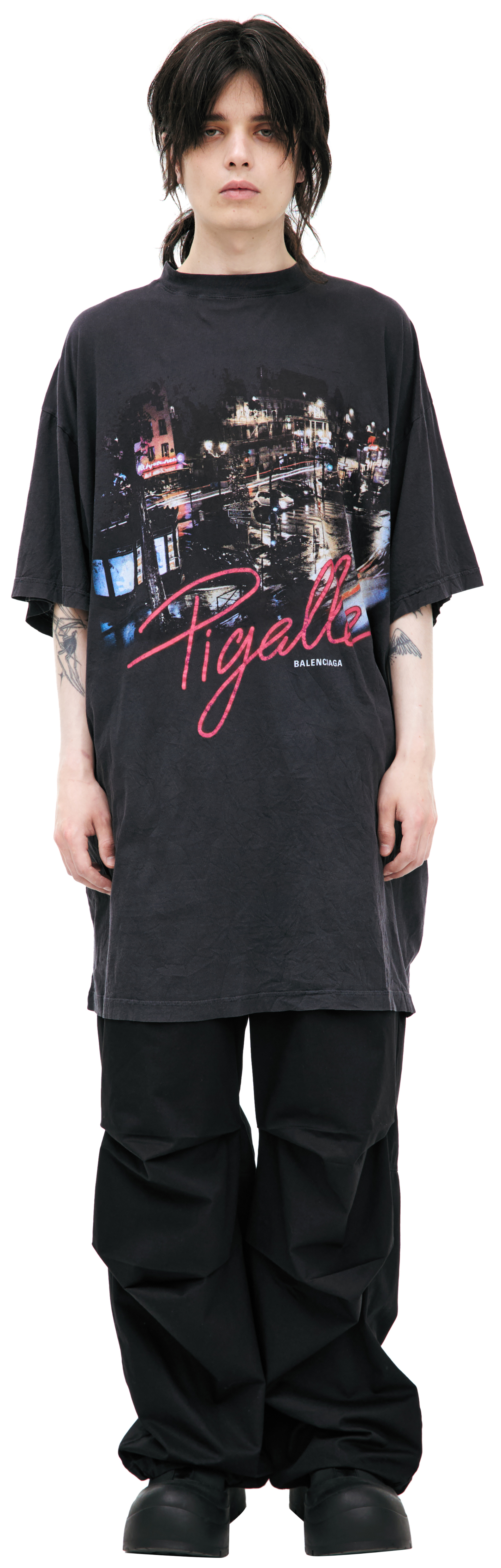 Balenciaga Футболка-787349/TRVO1/1041 принт город Pigalle, оверсайЗ, мятая, темно-серая
