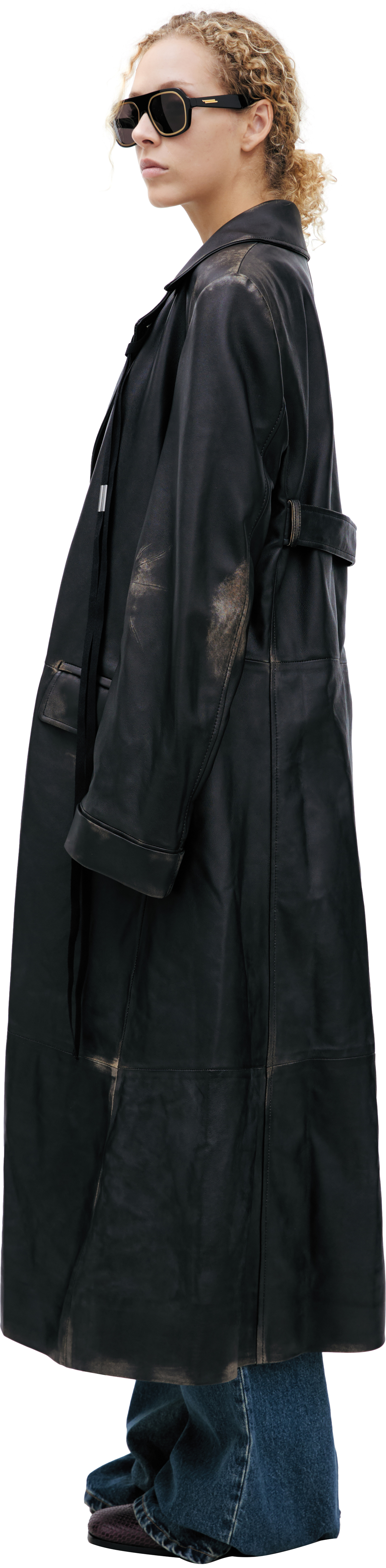 Ann Demeulemeester Пальто-B0013972-LT192-D0093 AILO, кожаное, удлиненное, с поясом, черное с потертостями