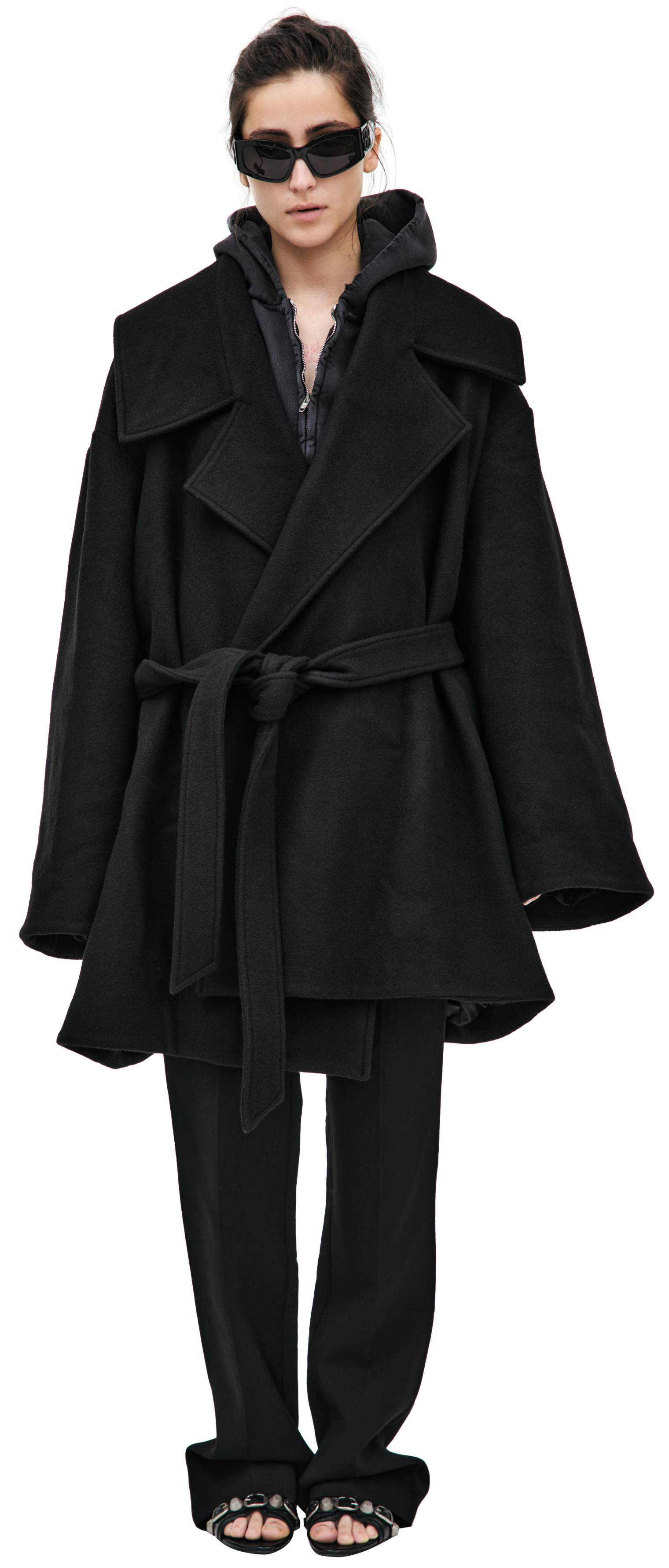 Balenciaga Куртка-814628/TRU33/1000 пальто, без пуГ. с поясом, шерсть. черн
