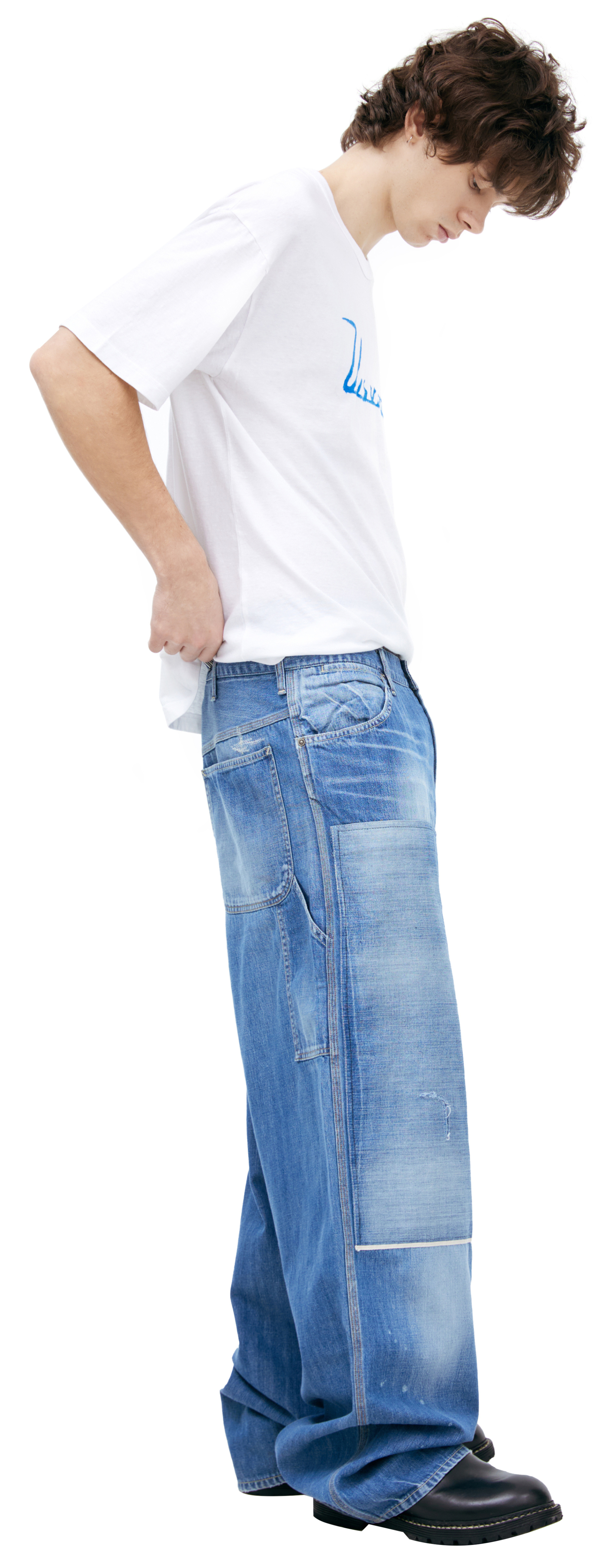 visvim Брюки-0125105005014 джинсы высокая посадка,выстир. колени. большие карманы,бананы,в краске,голубые